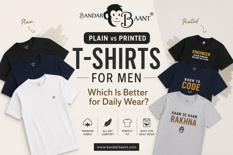 Comparison of Plain Printed T-Shirts for Men including plain solid colors and printed graphic designs for daily wear