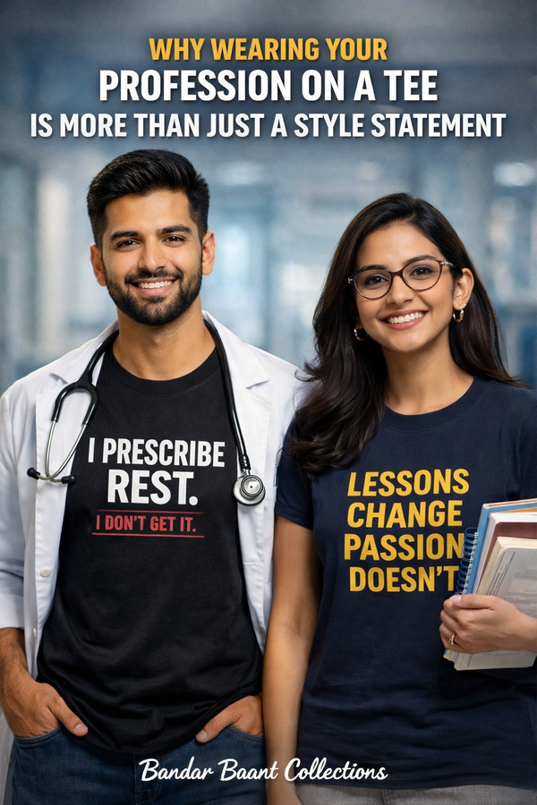 Smiling man and woman wearing profession tee shirts with unique quotes showcasing professional pride and passion