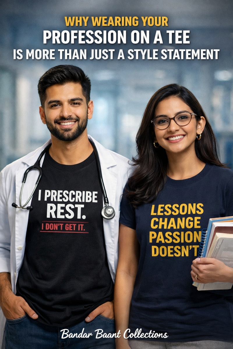 Smiling man and woman wearing profession tee shirts with unique quotes showcasing professional pride and passion