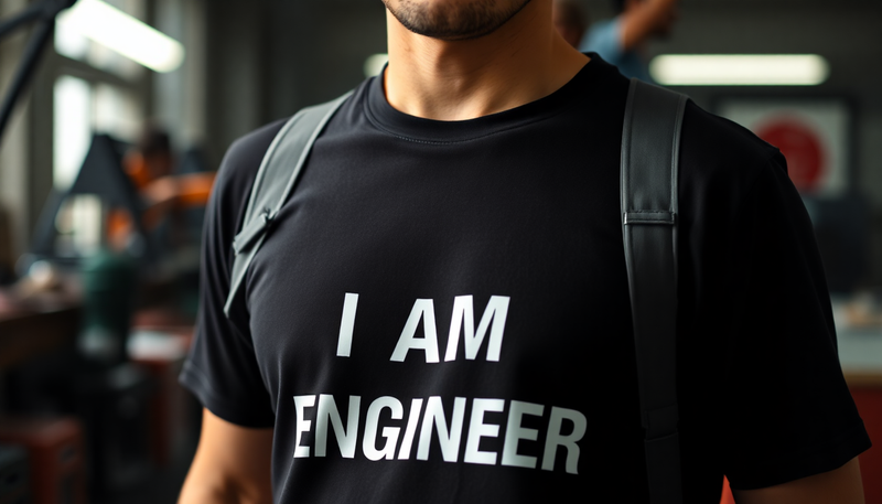Man wearing black Profession-Based T-Shirts with I AM ENGINEER text and backpack straps