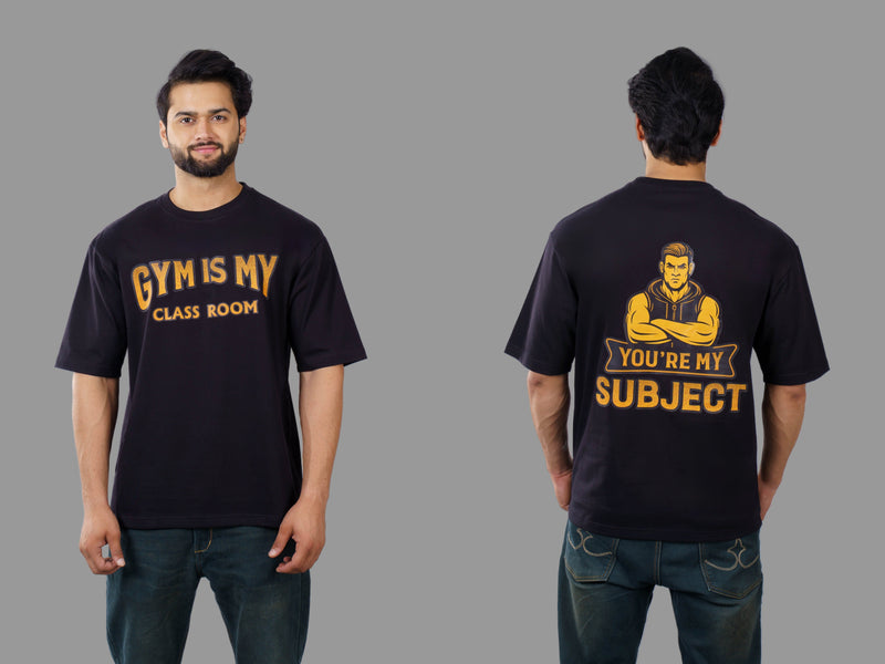 Man wearing black t-shirt showcasing top unique t-shirt designs with gym and subject themed prints