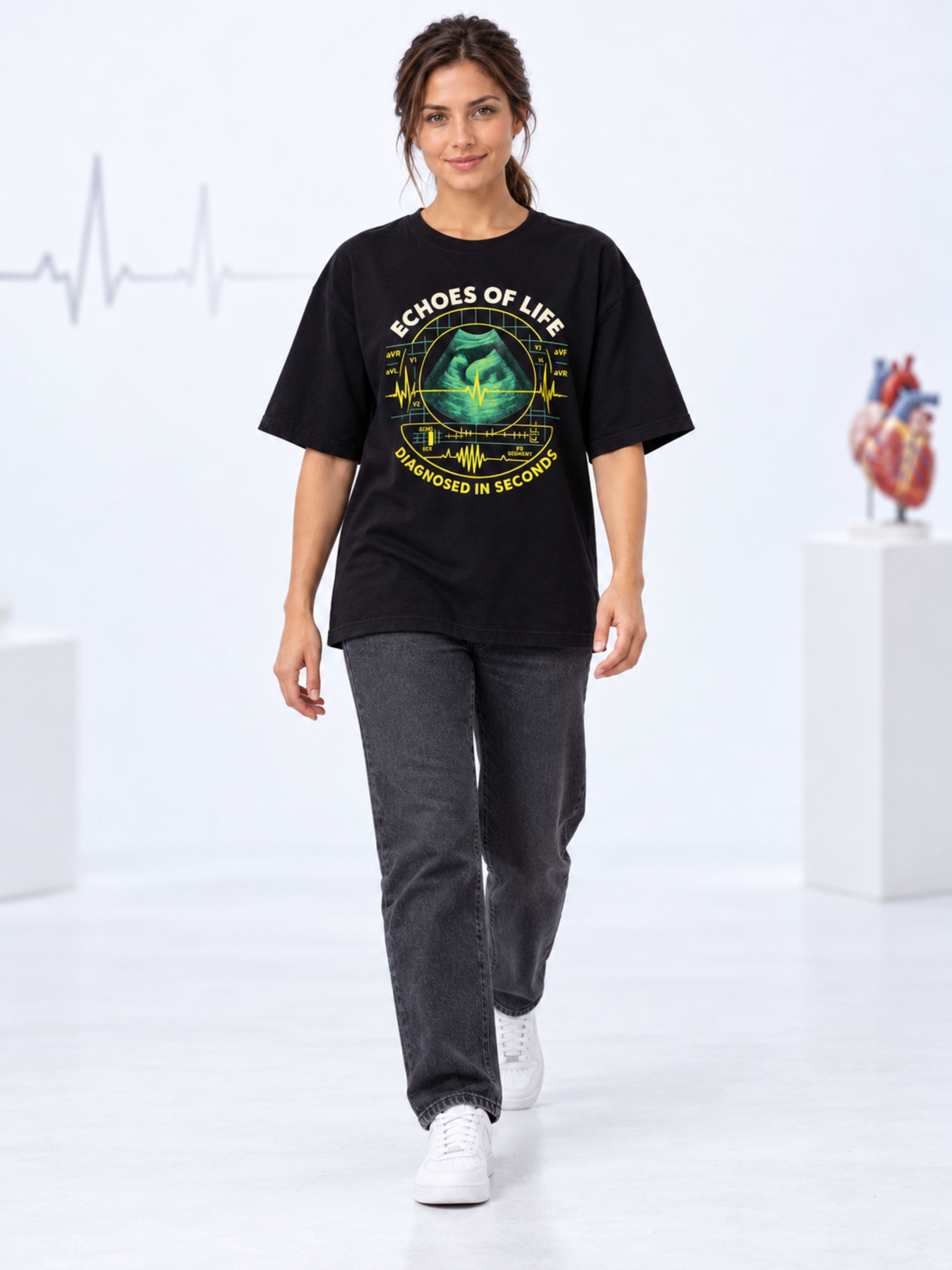 Cardiologist | Echoes Of Life, Diagnosed In Seconds | Oversized Graphic Tshirt For Women
