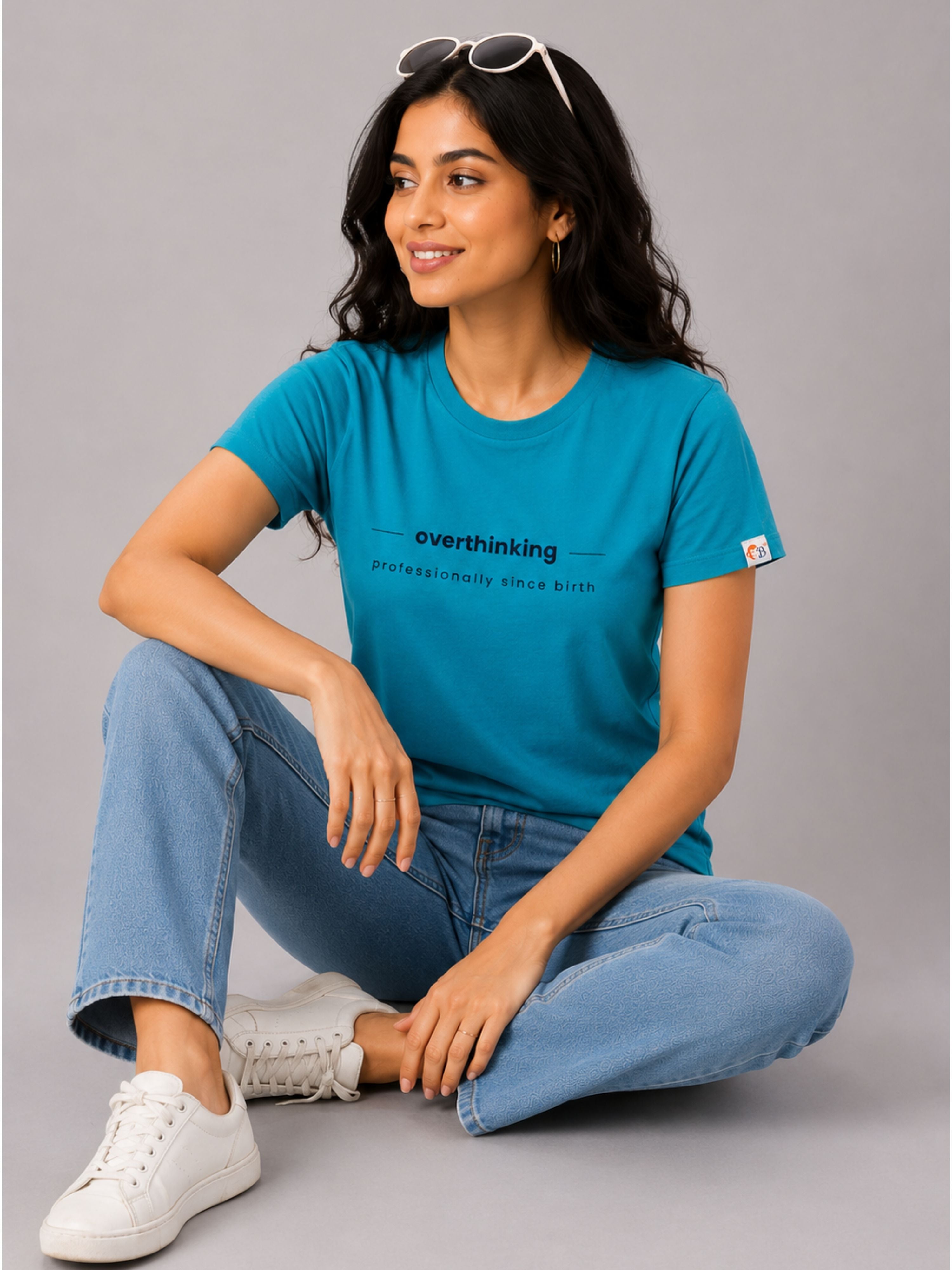 Turquoise Melange Cotton T-Shirt for Women | Regular Fit Vibe Tee