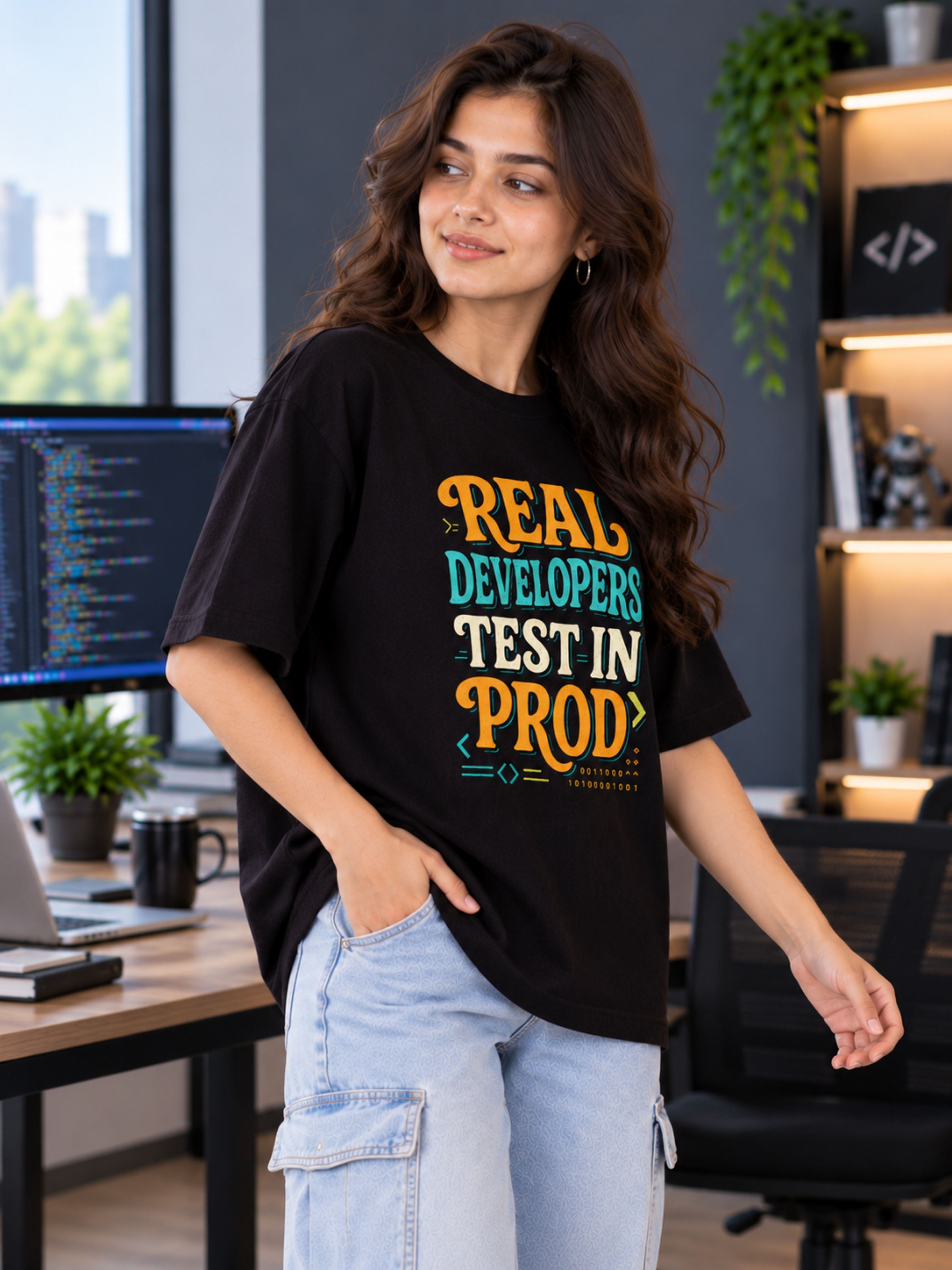 Software Engineer | Real Developers Test In Prod | Oversized Quote Tshirt For Women