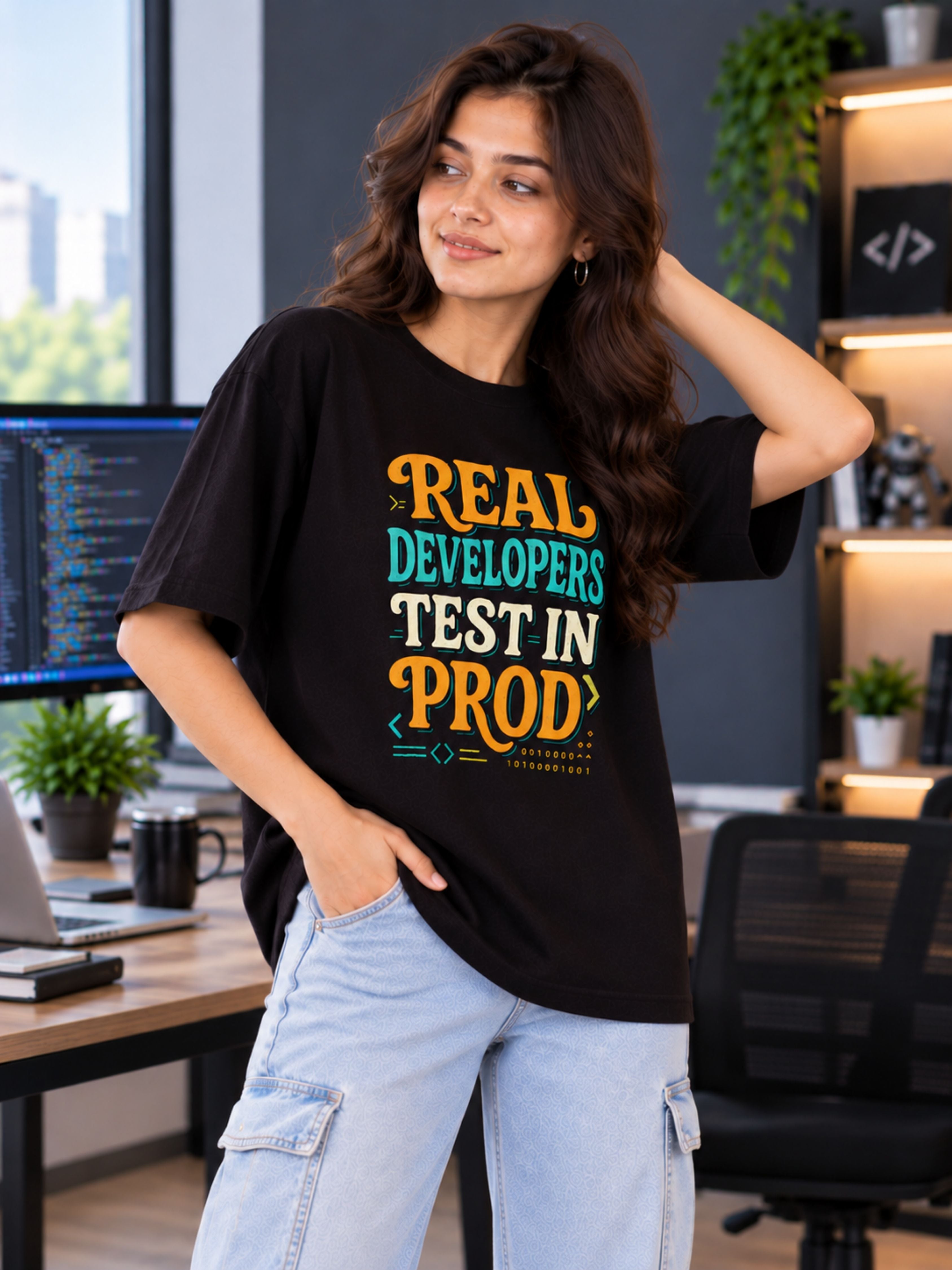 Software Engineer | Real Developers Test In Prod | Oversized Quote Tshirt For Women