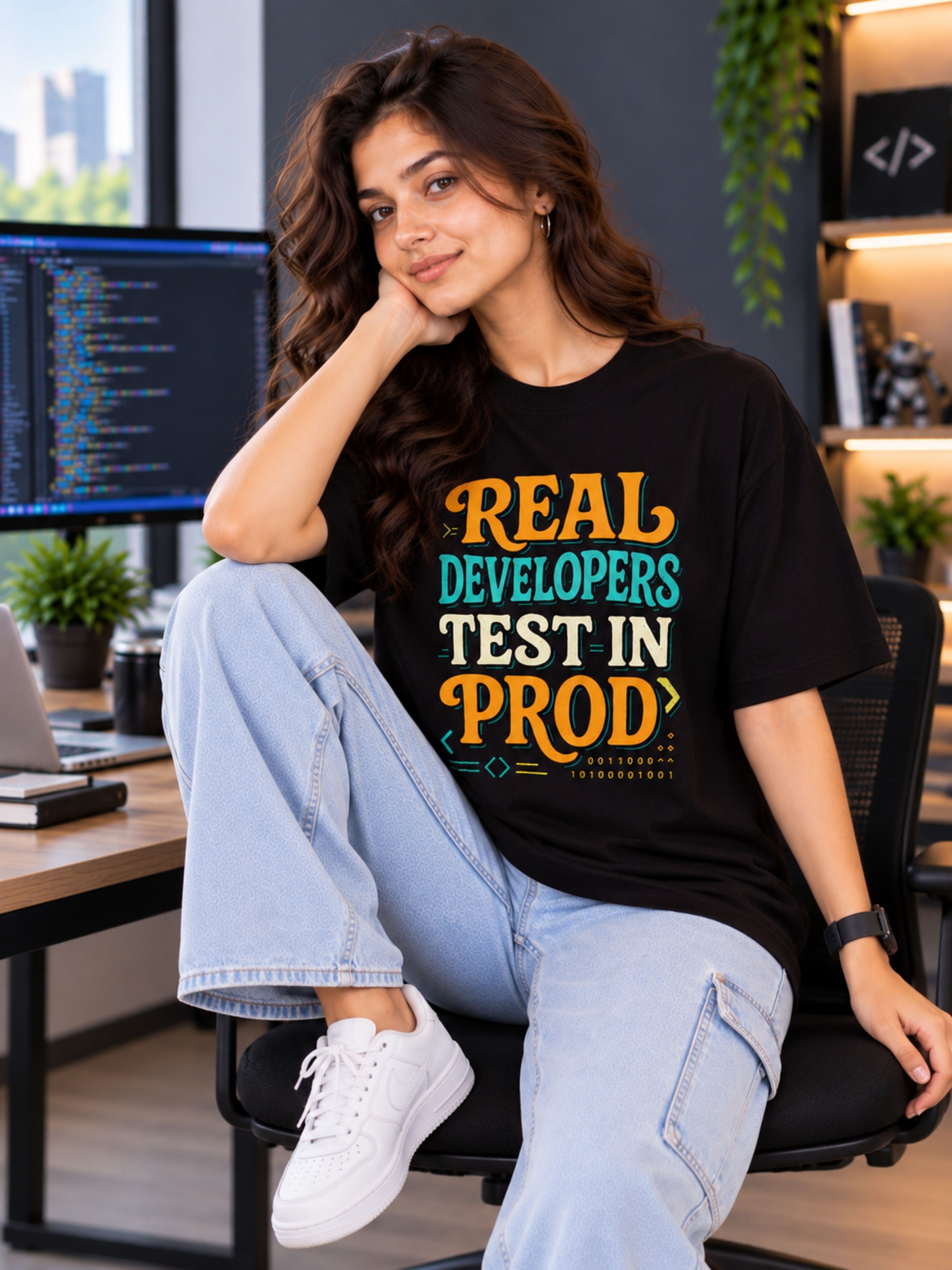 Software Engineer | Real Developers Test In Prod | Oversized Quote Tshirt For Women