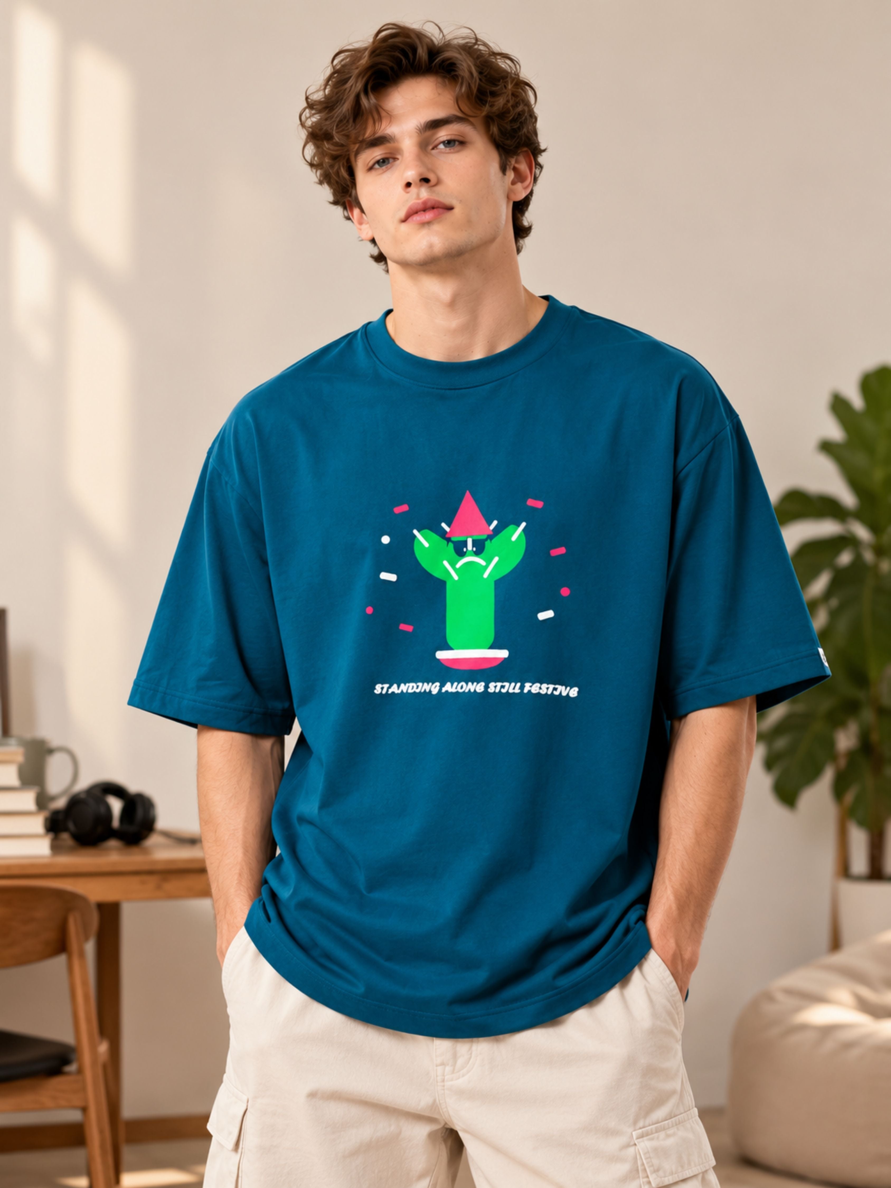 Introverts | Standing Alone Still Festive Oversized T-Shirt for Men | Trendy Color Teal
