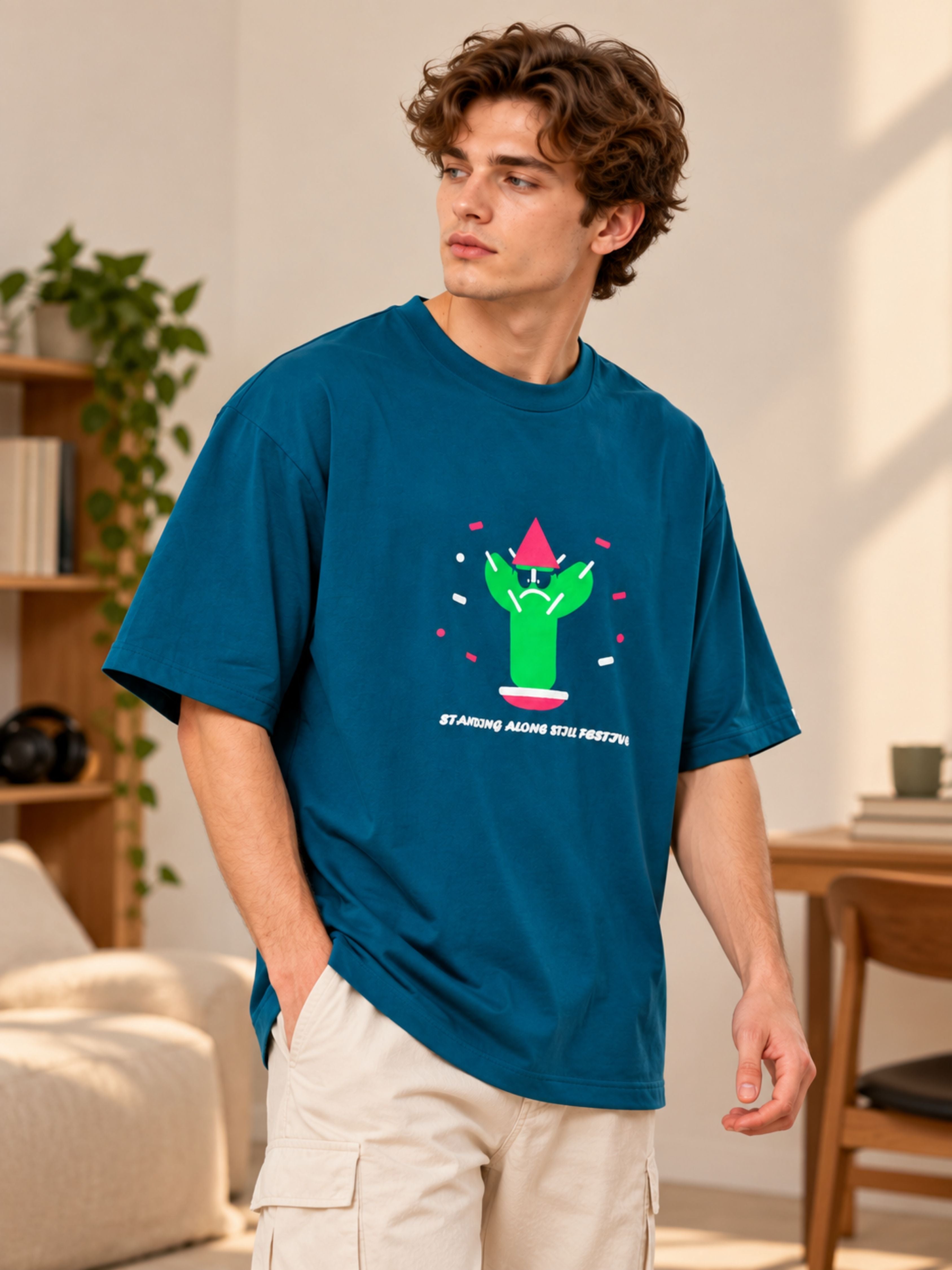 Introverts | Standing Alone Still Festive Oversized T-Shirt for Men | Trendy Color Teal