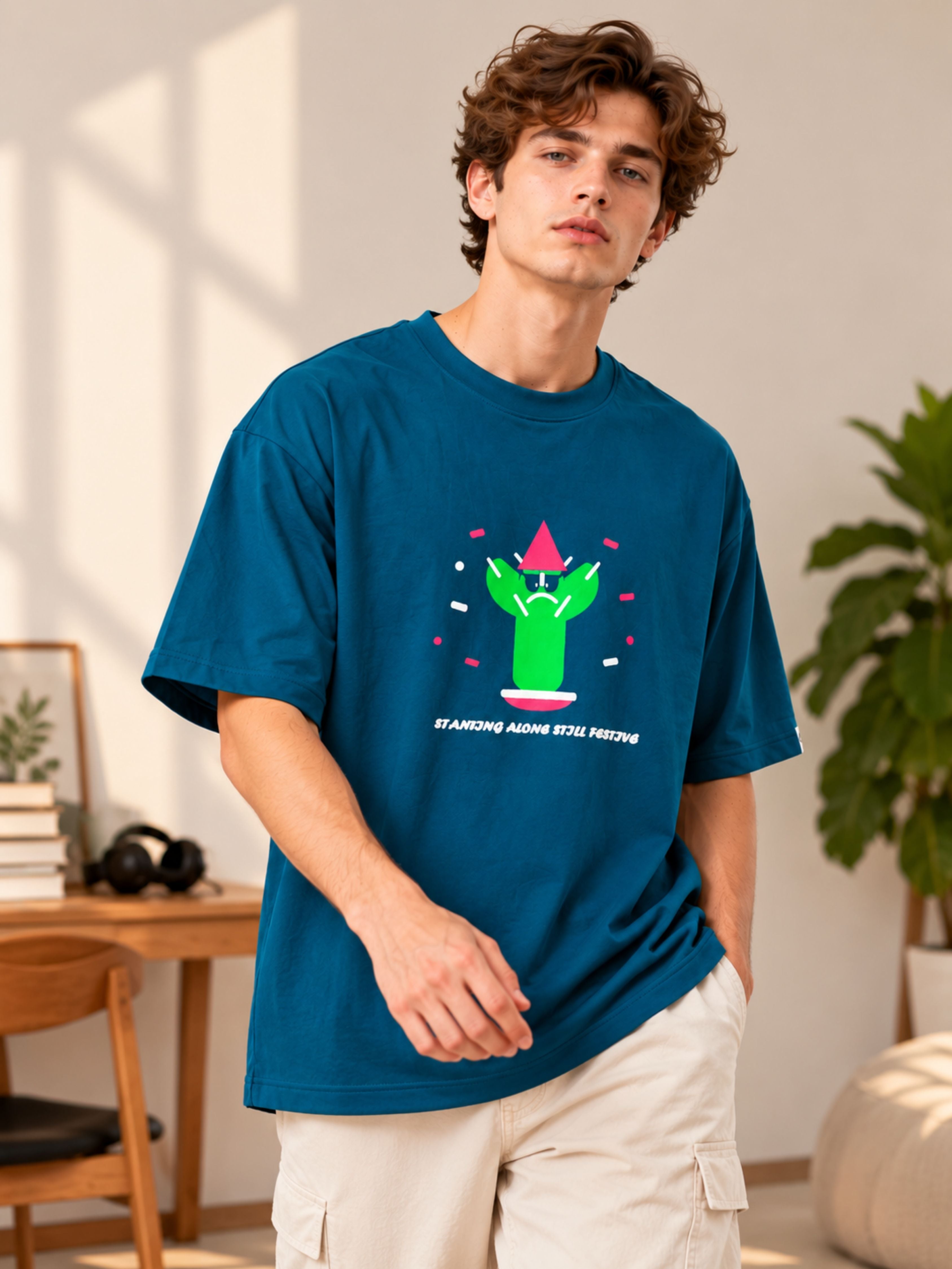 Introverts | Standing Alone Still Festive Oversized T-Shirt for Men | Trendy Color Teal