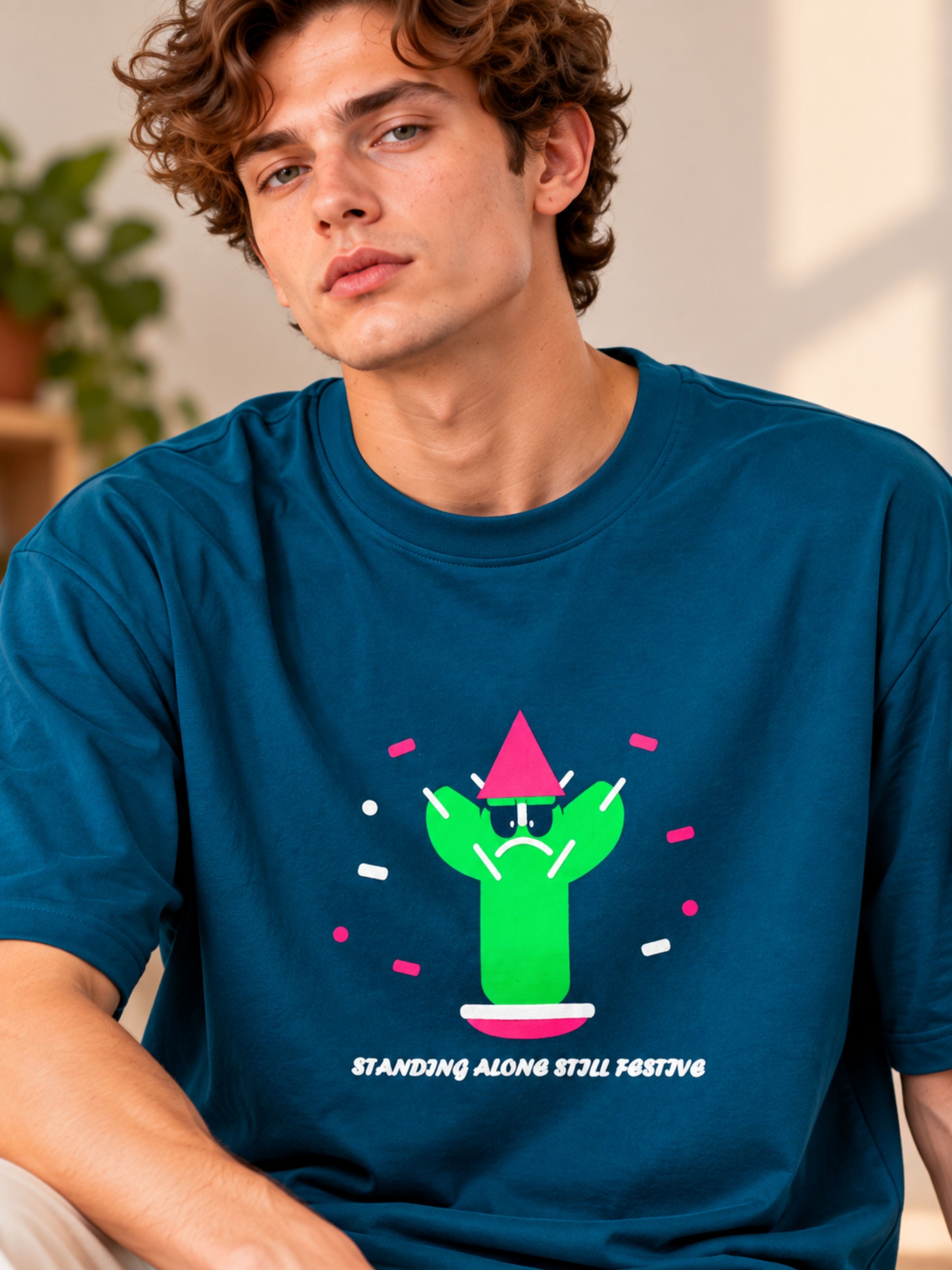Introverts | Standing Alone Still Festive Oversized T-Shirt for Men | Trendy Color Teal