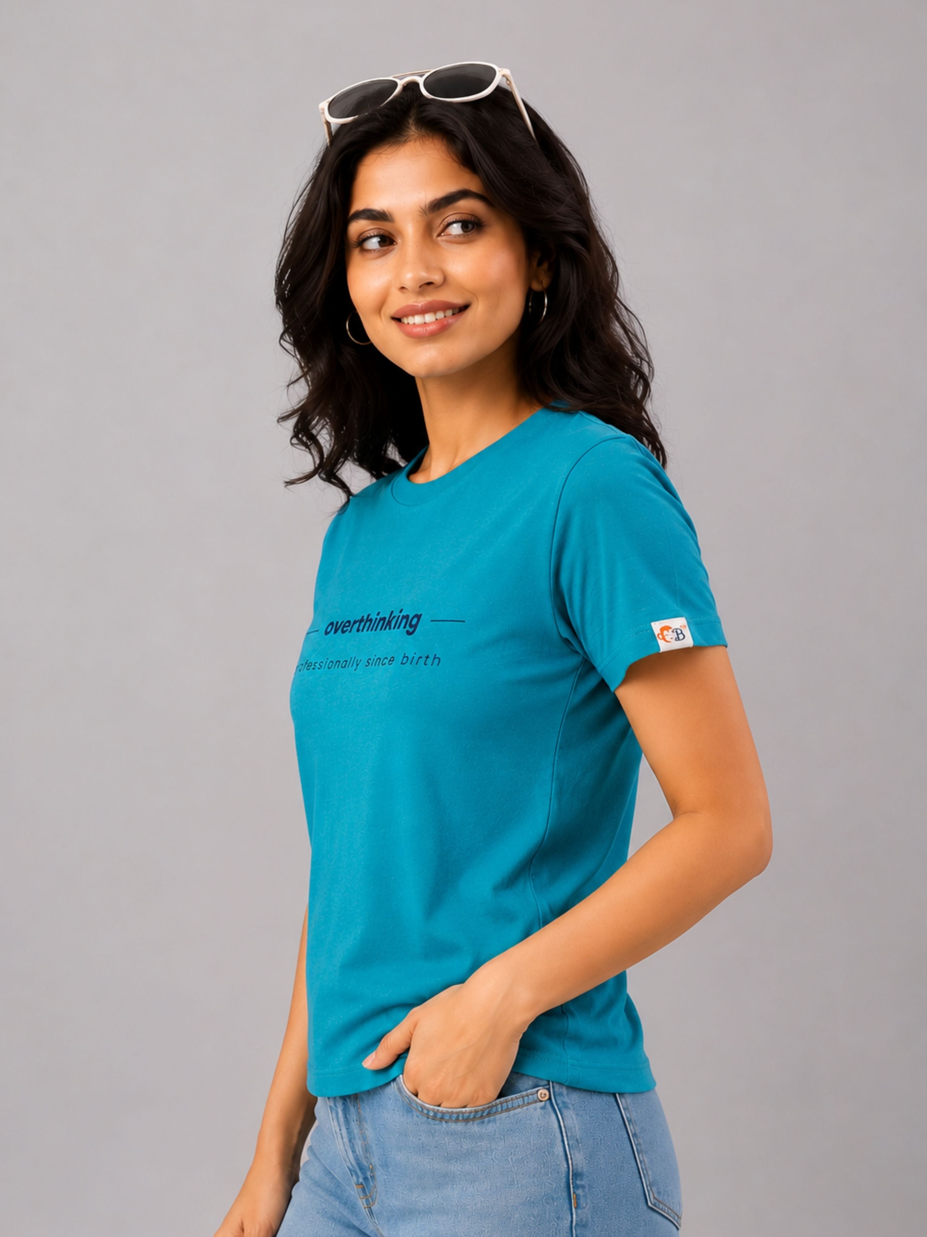Turquoise Melange Cotton T-Shirt for Women | Regular Fit Vibe Tee