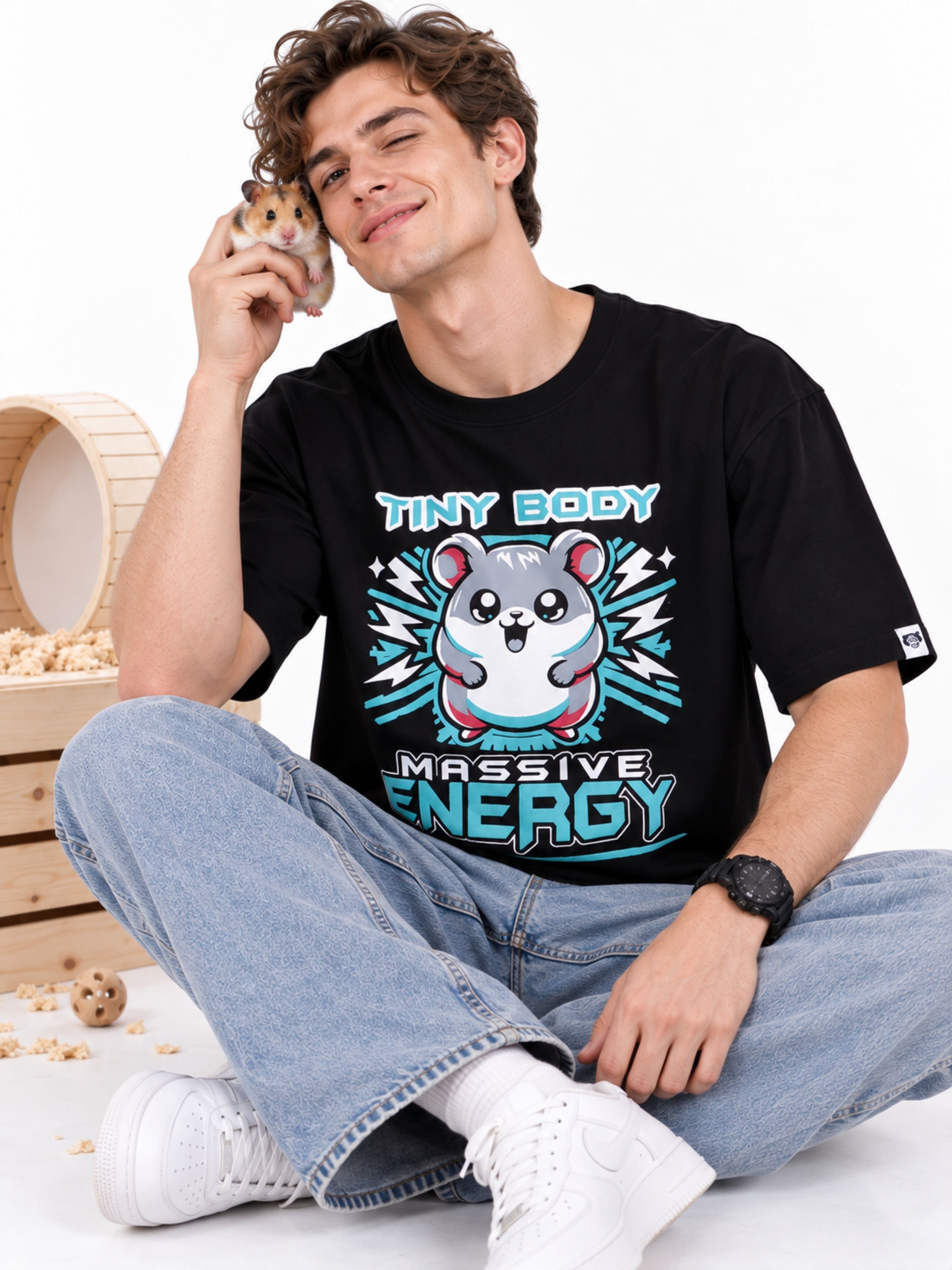 Tiny Body Massive Energy | Hamster Animal Archetype Oversized T-Shirt For Men
