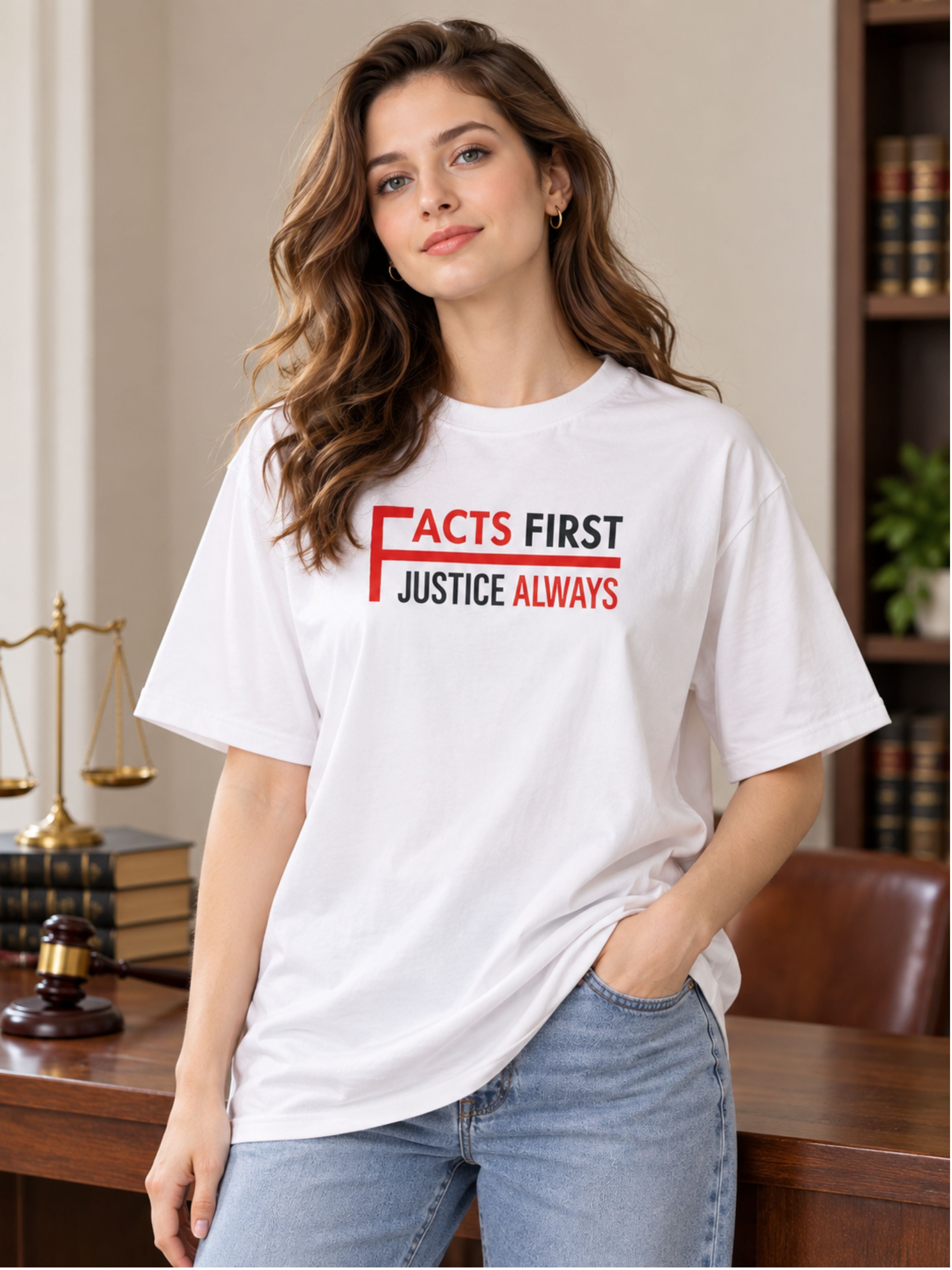 Lawyer | Facts First. Justice Always | Oversized Quote T-Shirt For Women
