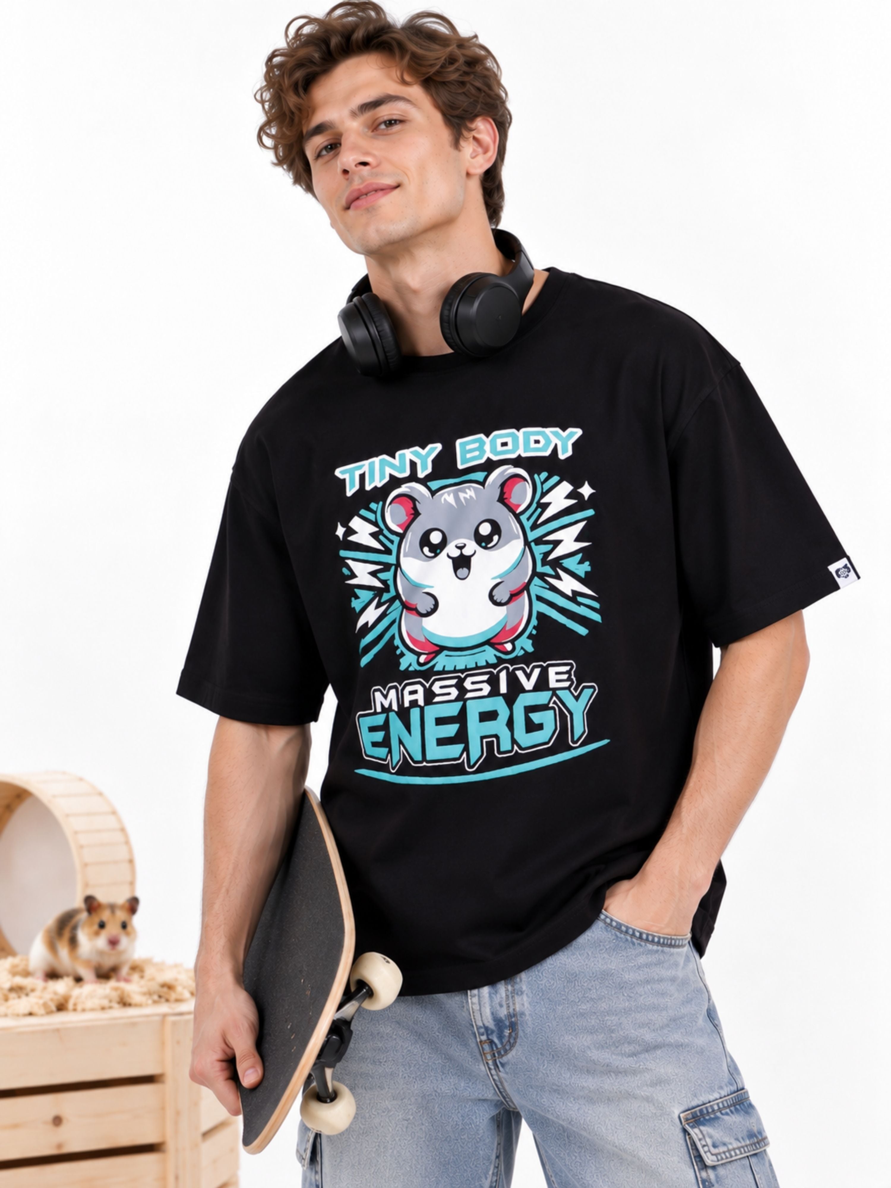 Tiny Body Massive Energy | Hamster Animal Archetype Oversized T-Shirt For Men