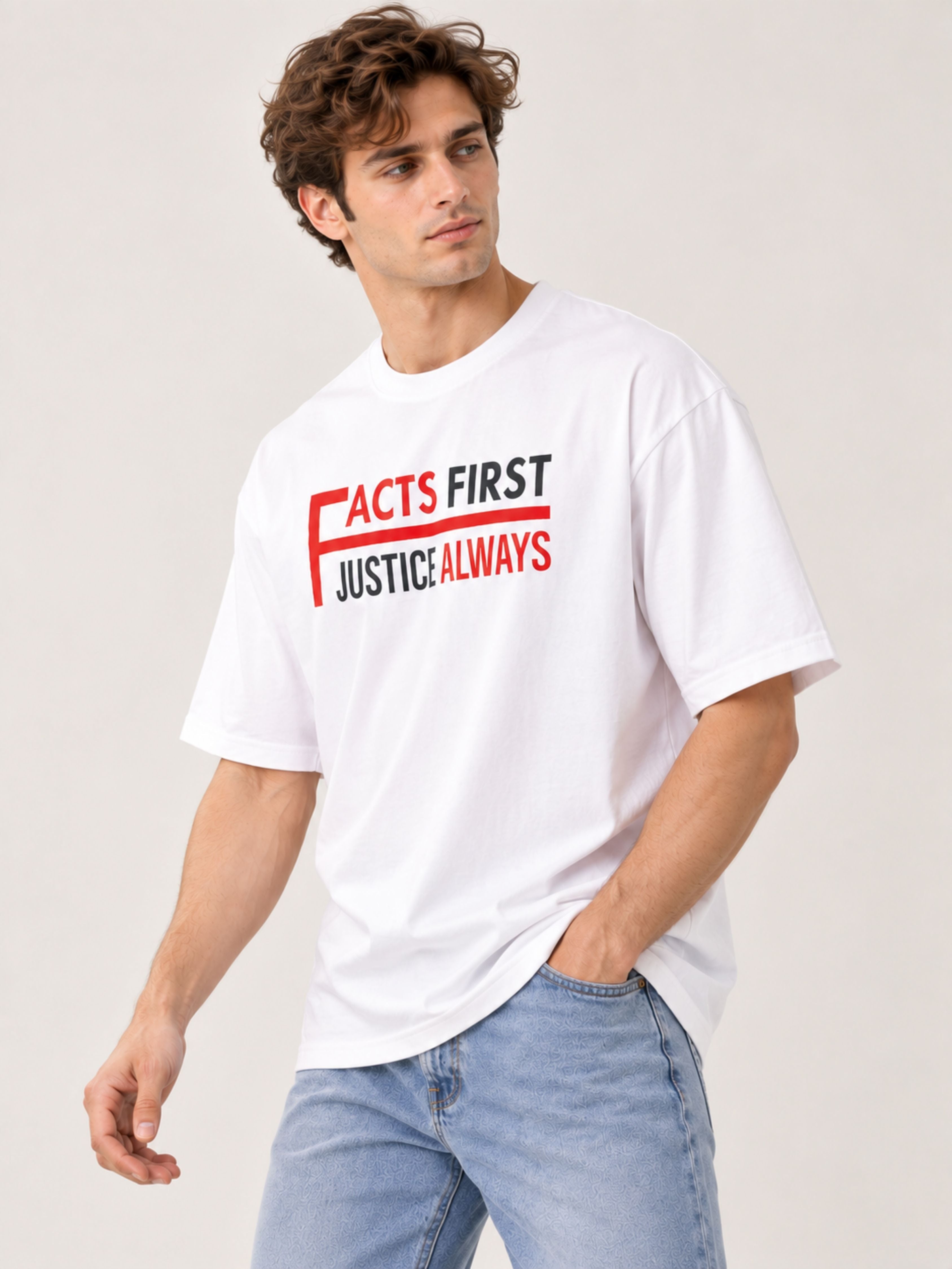 Lawyer | Facts First. Justice Always | Oversized Quote T-Shirt For Men