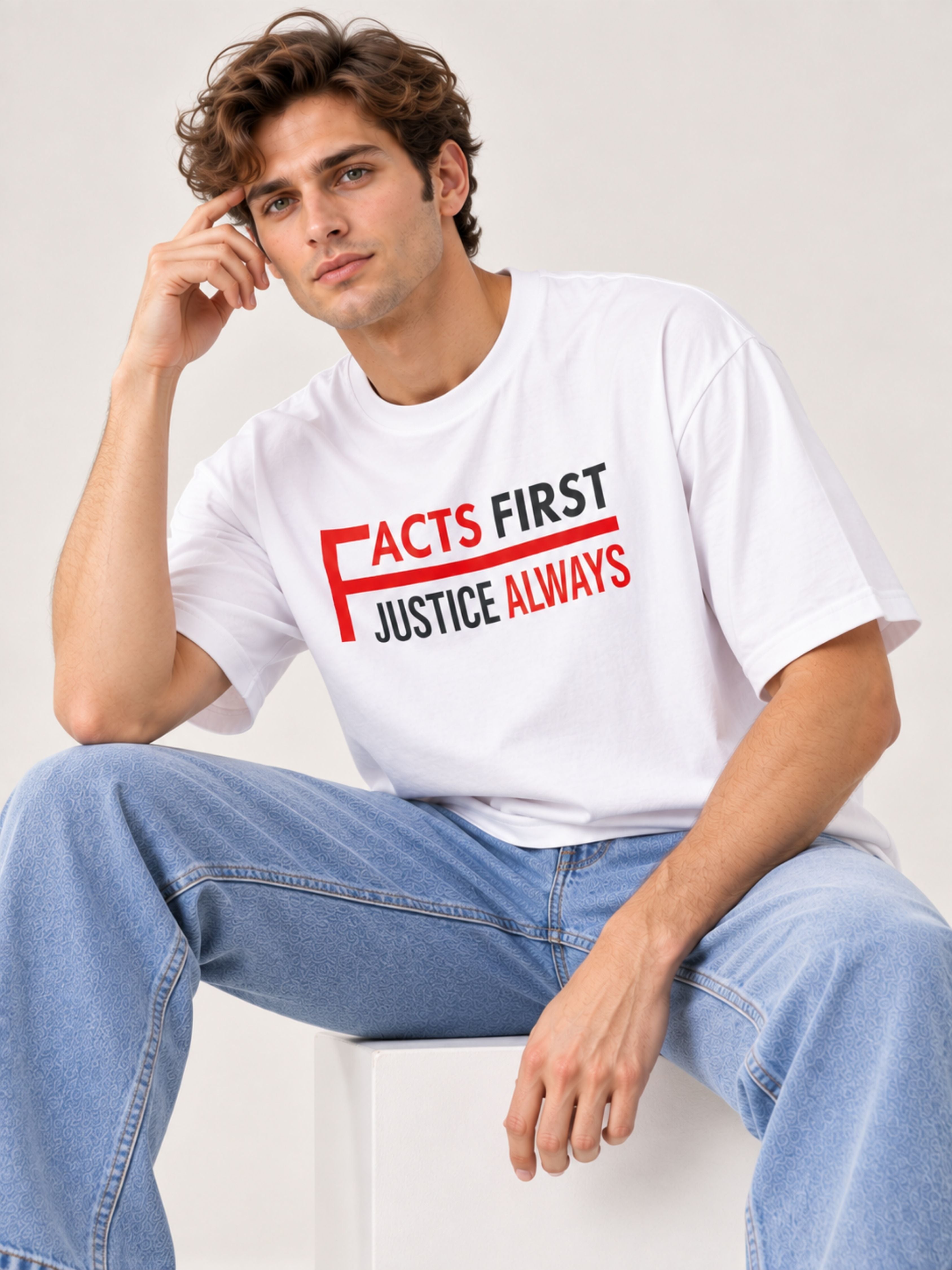 Lawyer | Facts First. Justice Always | Oversized Quote T-Shirt For Men