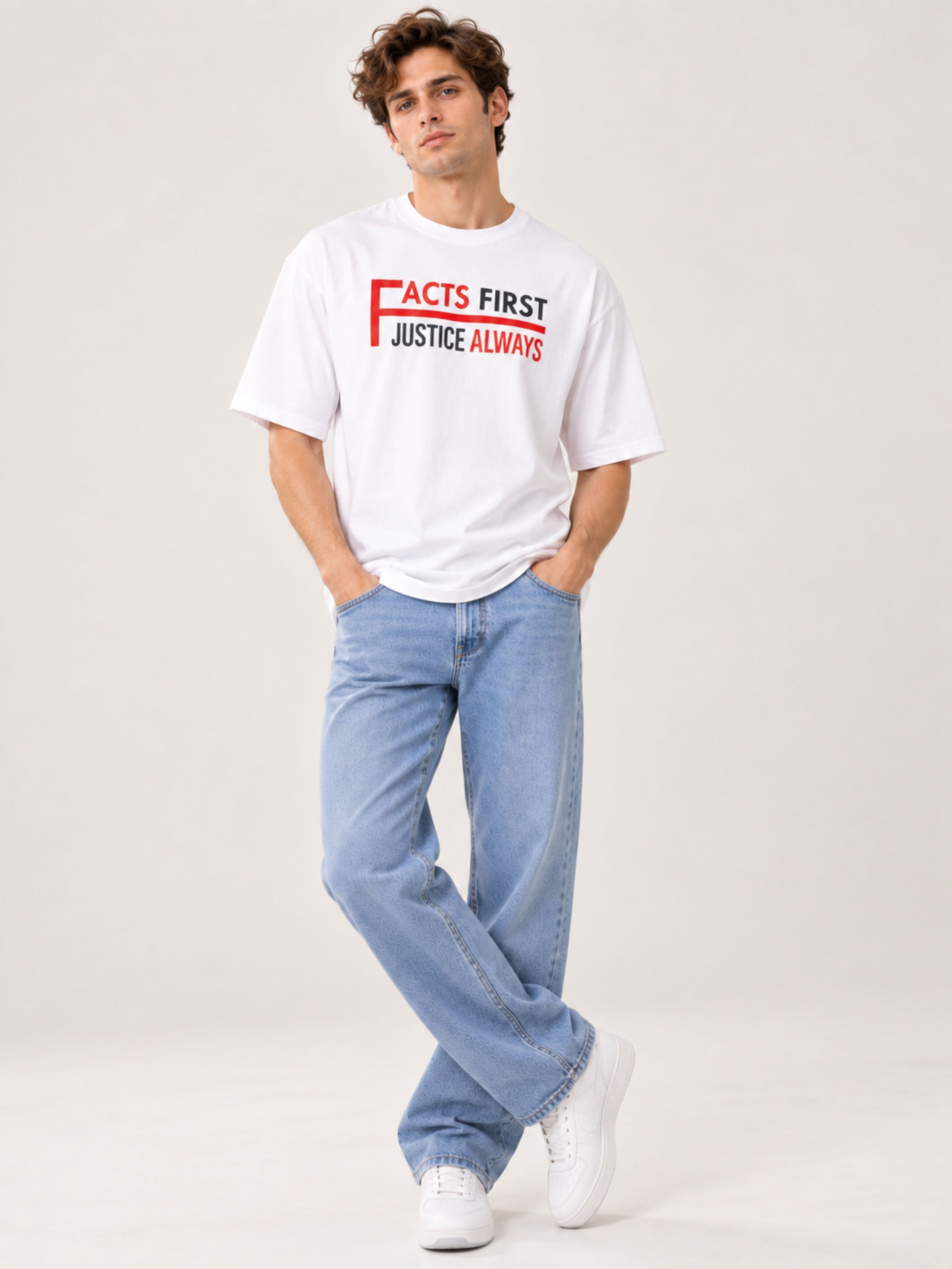 Lawyer | Facts First. Justice Always | Oversized Quote T-Shirt For Men