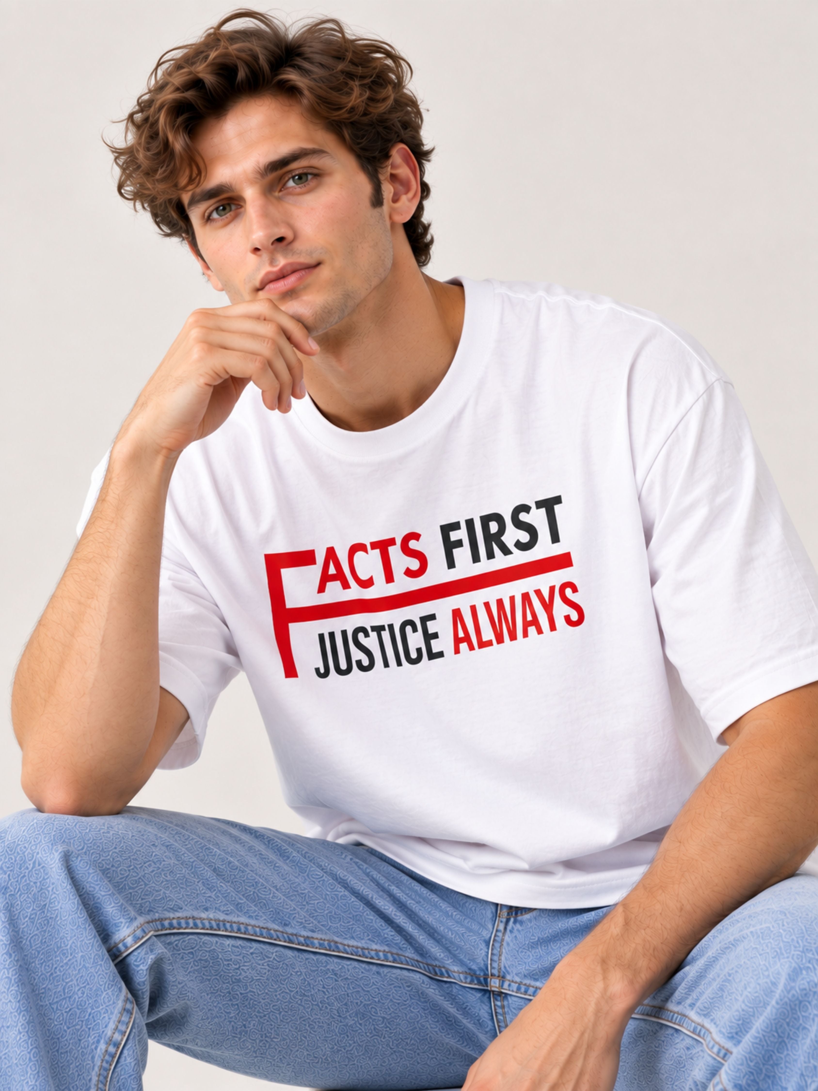 Lawyer | Facts First. Justice Always | Oversized Quote T-Shirt For Men