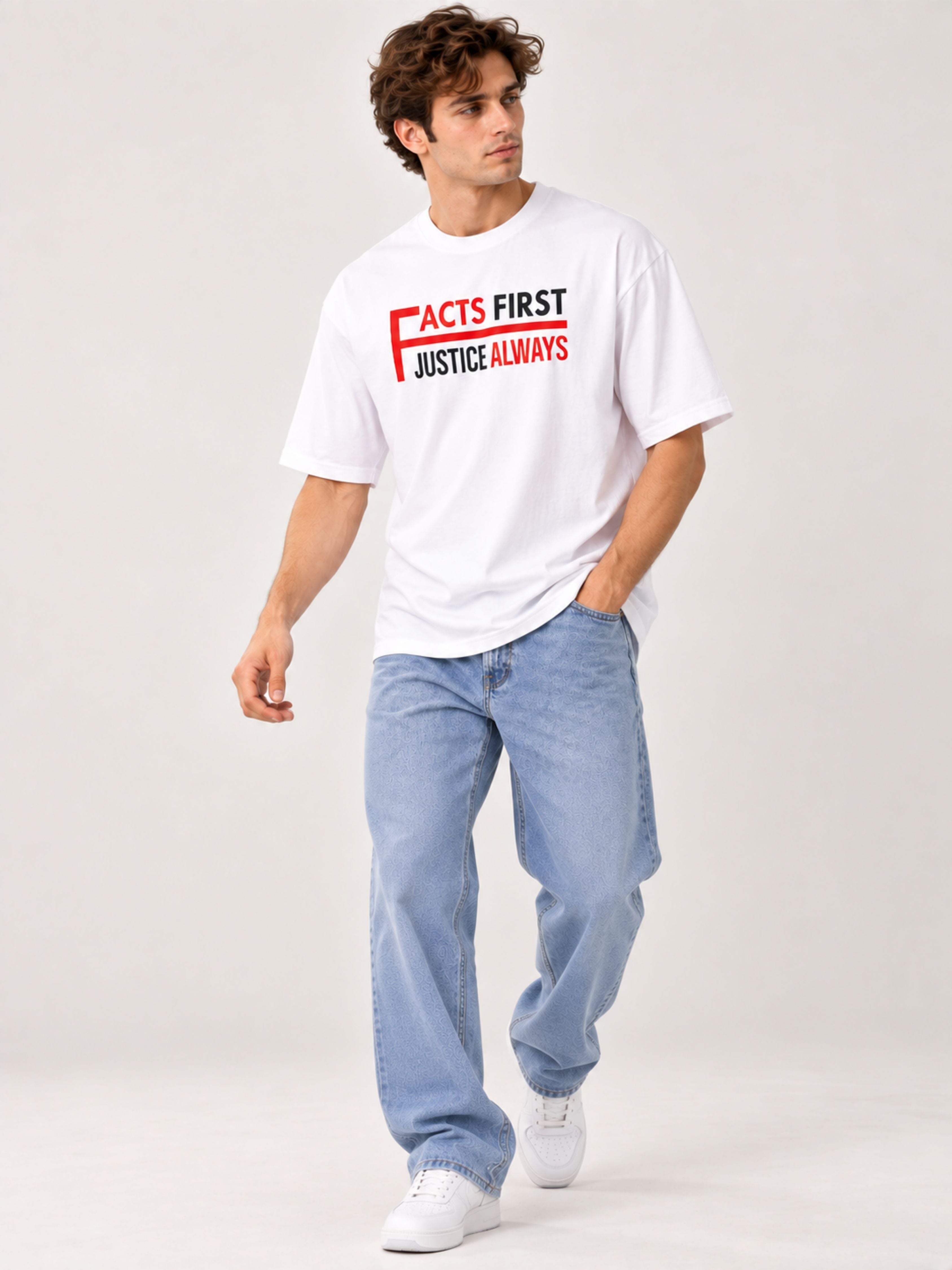 Lawyer | Facts First. Justice Always | Oversized Quote T-Shirt For Men