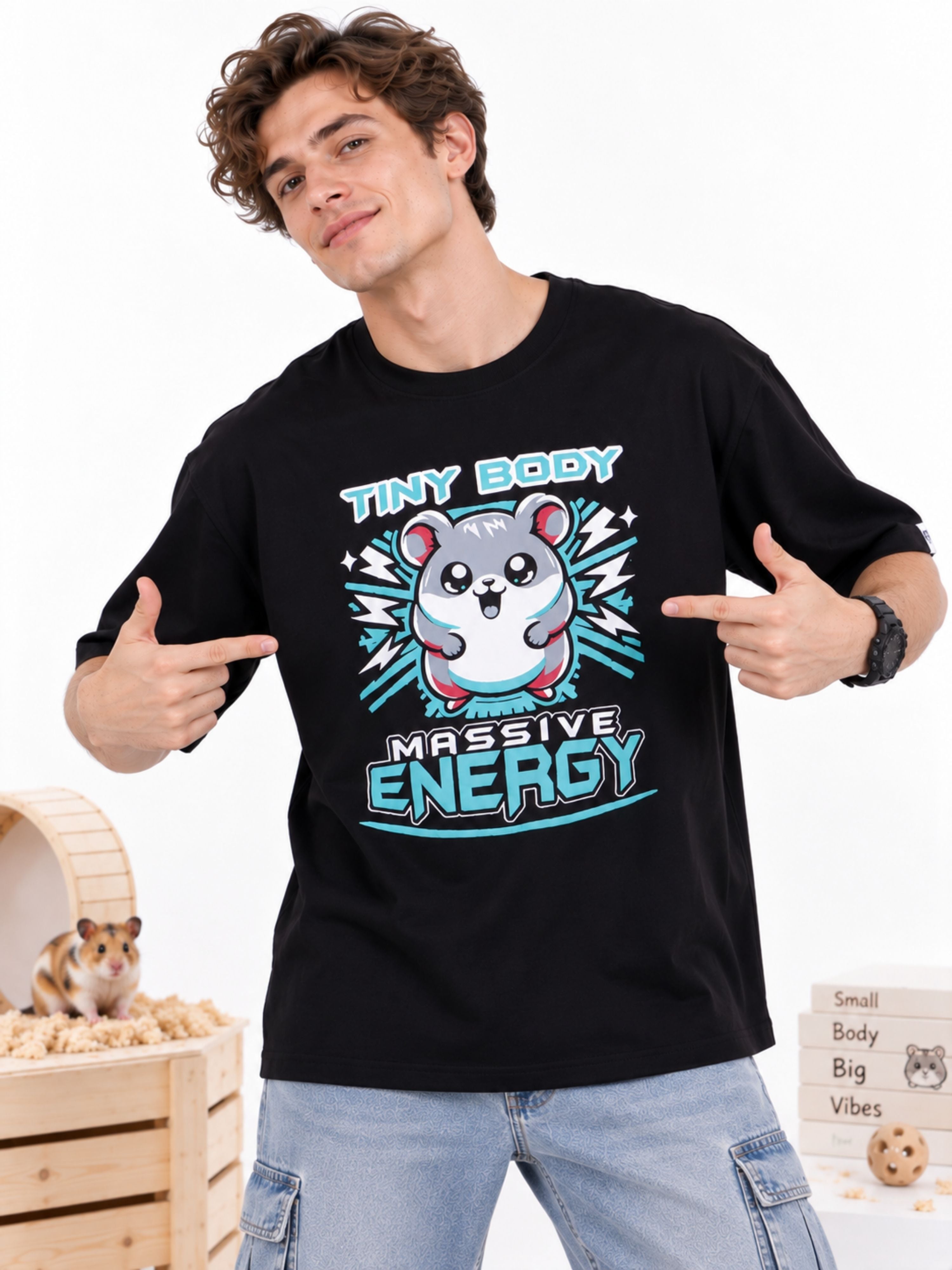Tiny Body Massive Energy | Hamster Animal Archetype Oversized T-Shirt For Men