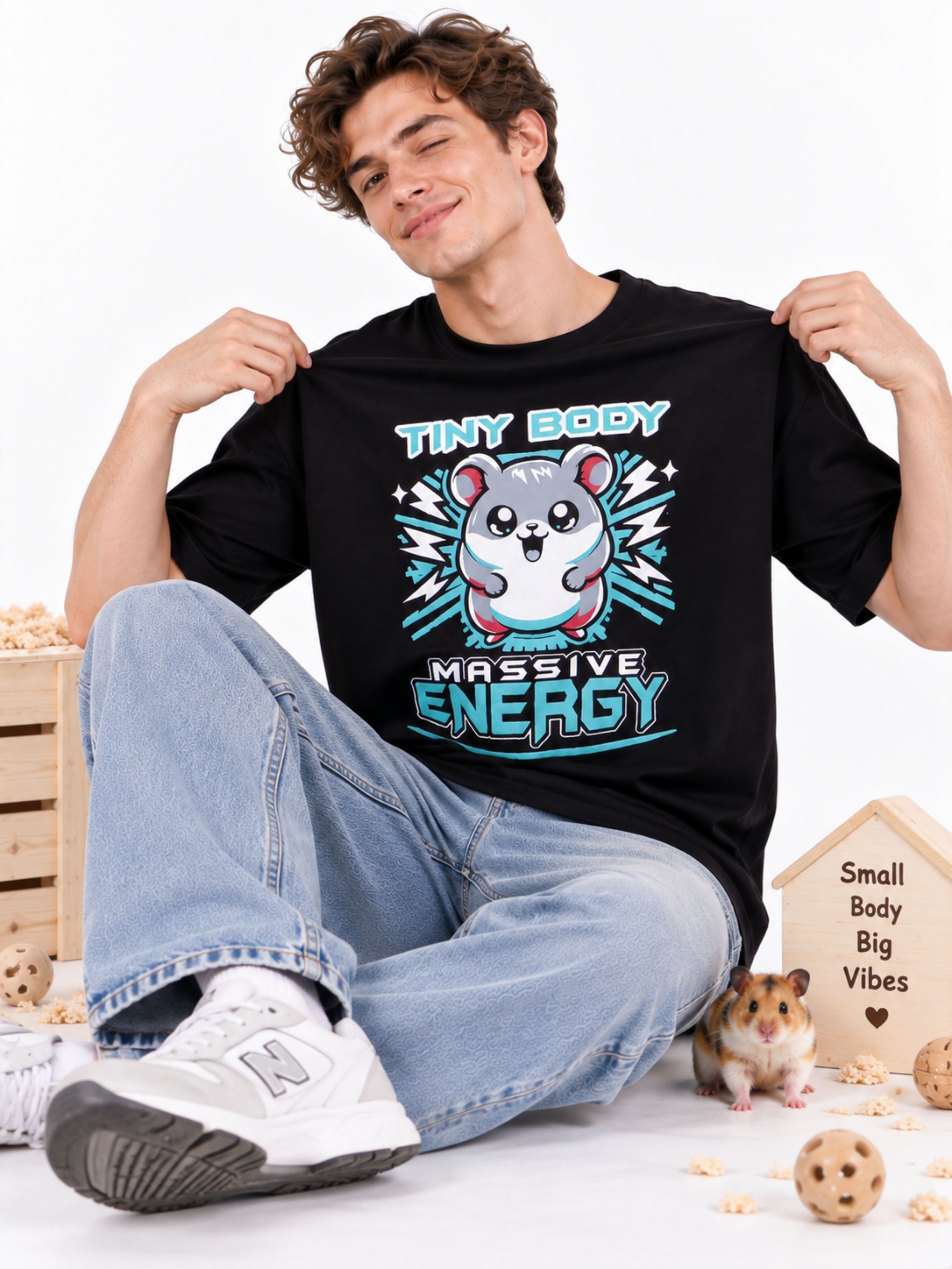 Tiny Body Massive Energy | Hamster Animal Archetype Oversized T-Shirt For Men