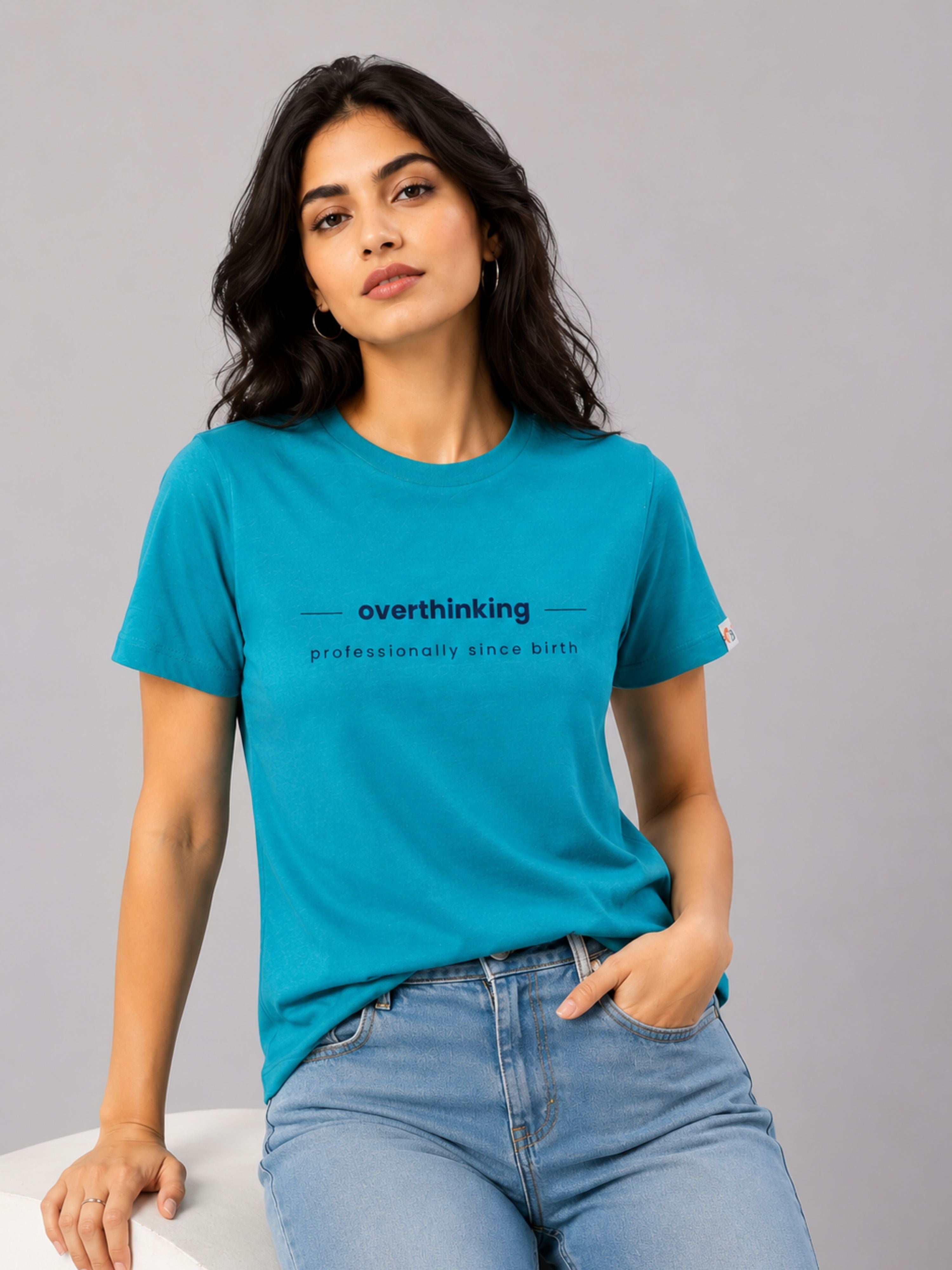 Turquoise Melange Cotton T-Shirt for Women | Regular Fit Vibe Tee