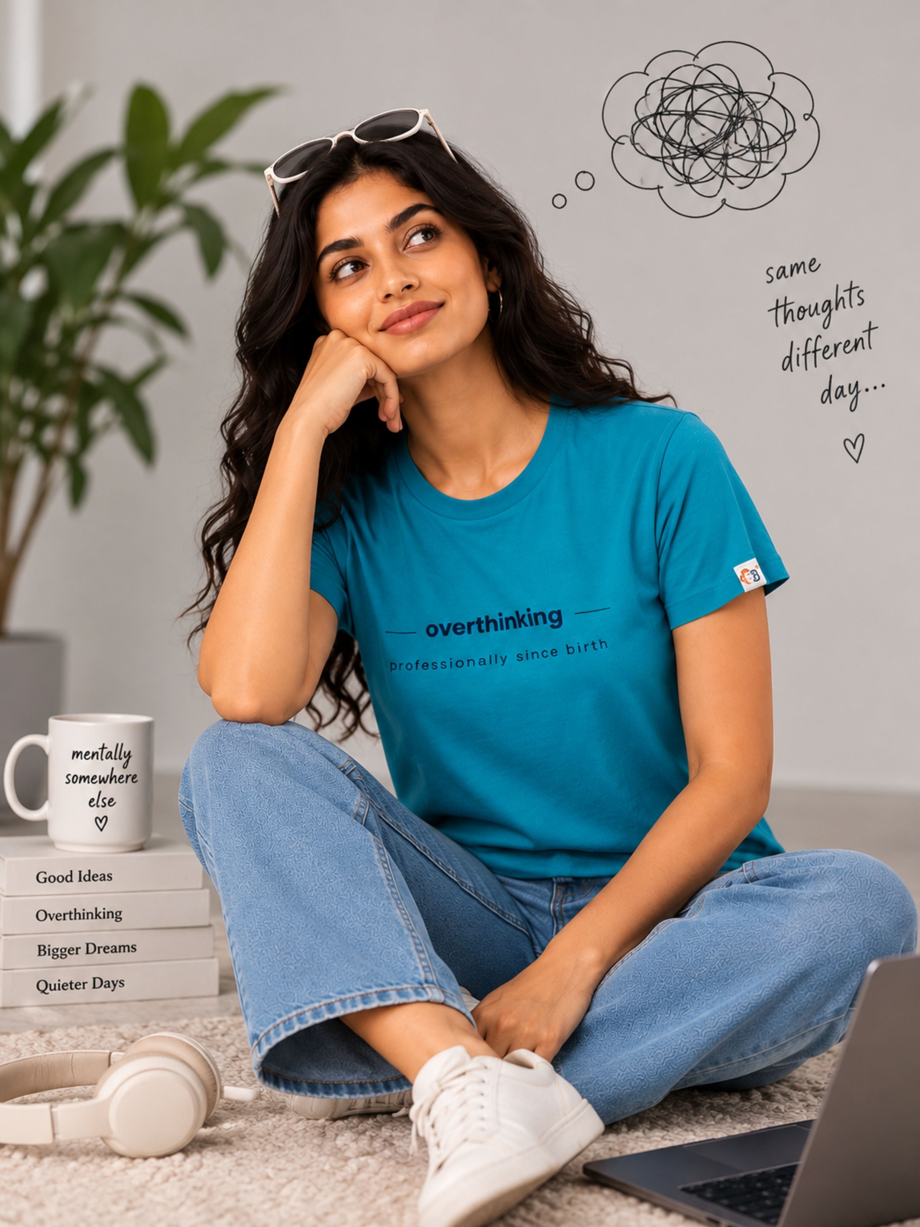 Turquoise Melange Cotton T-Shirt for Women | Regular Fit Vibe Tee