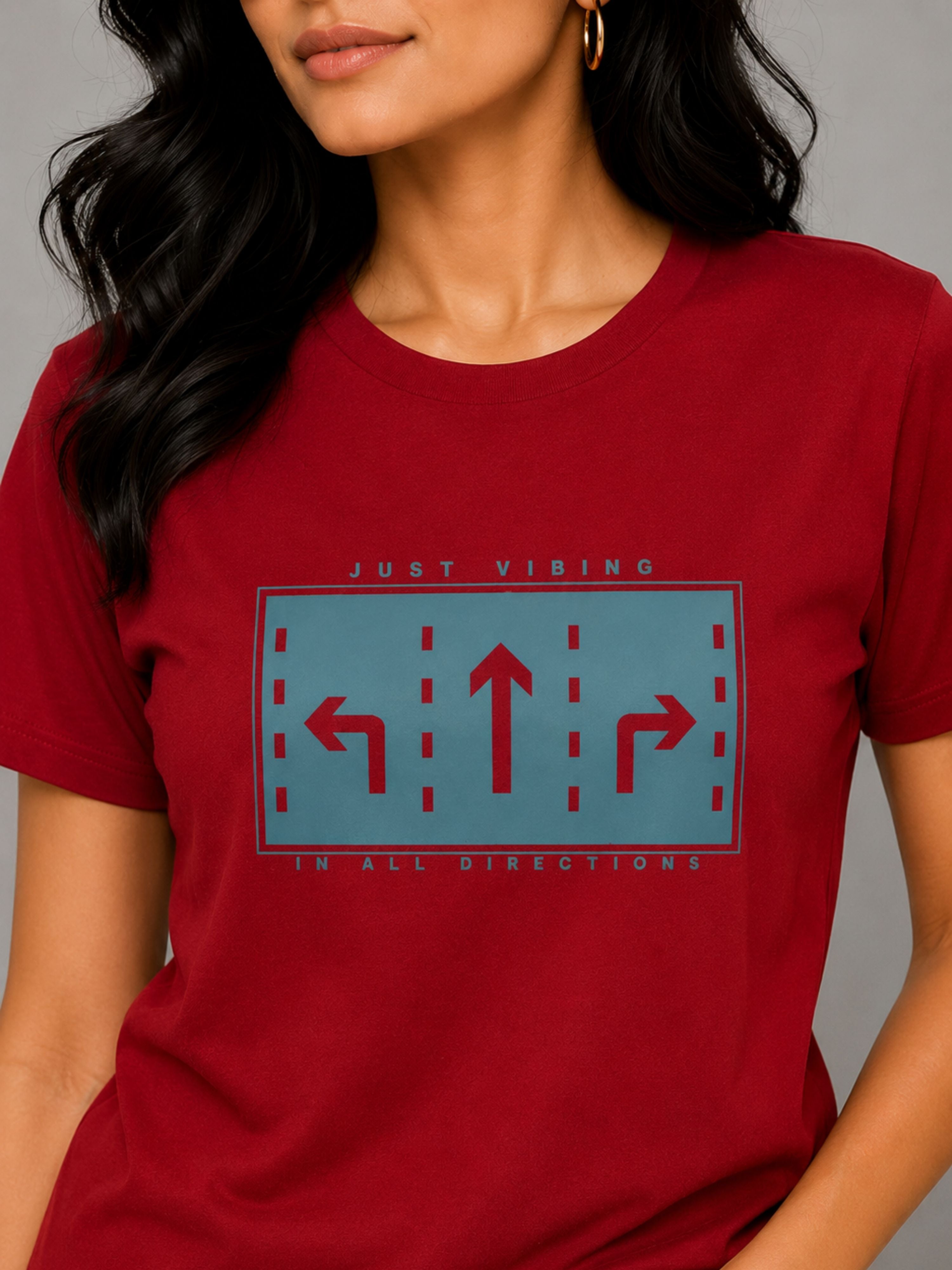 Ruby Red Cotton T-Shirt for Women | Just Vibing In All Directions