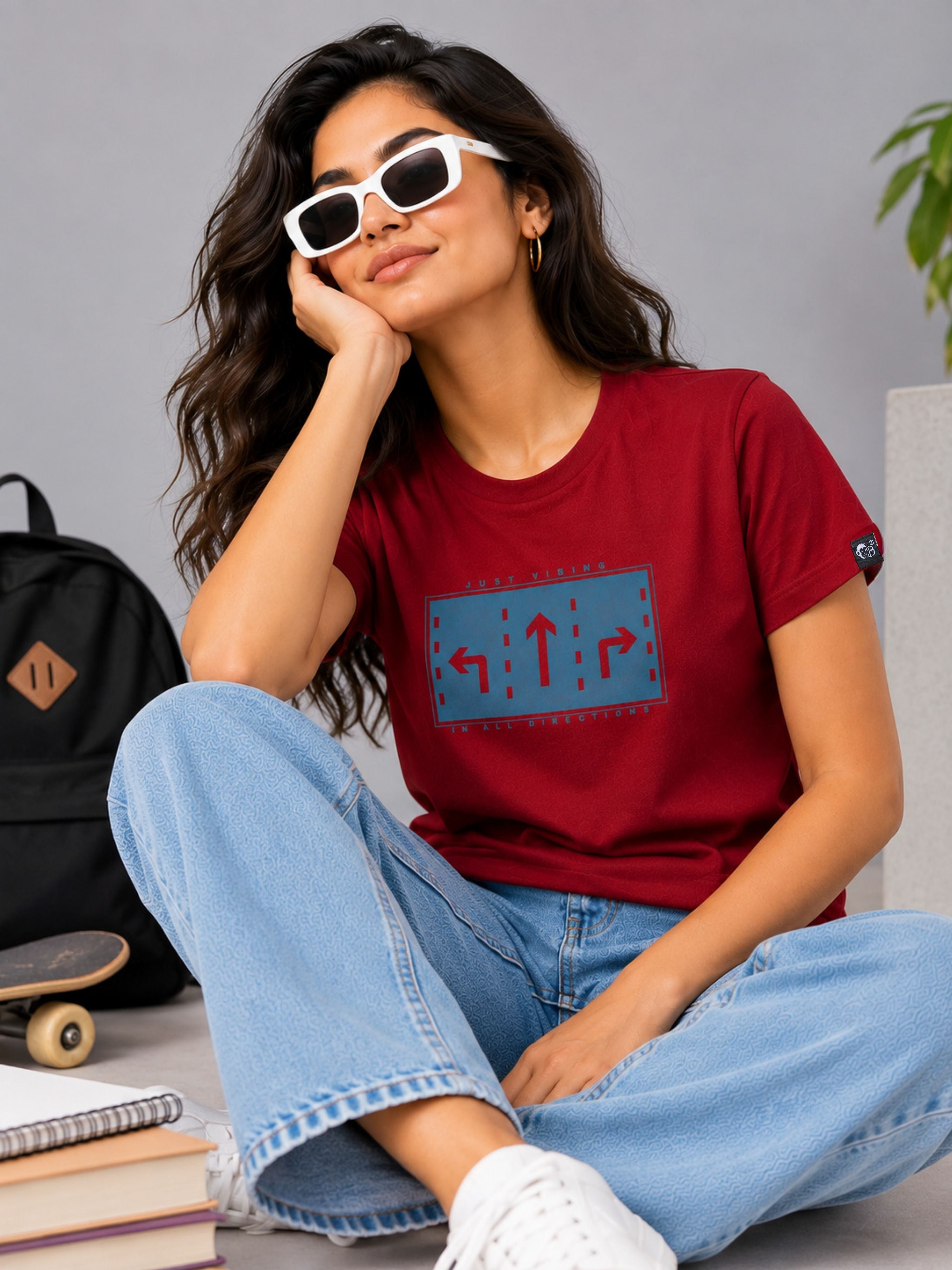 Ruby Red Cotton T-Shirt for Women | Just Vibing In All Directions