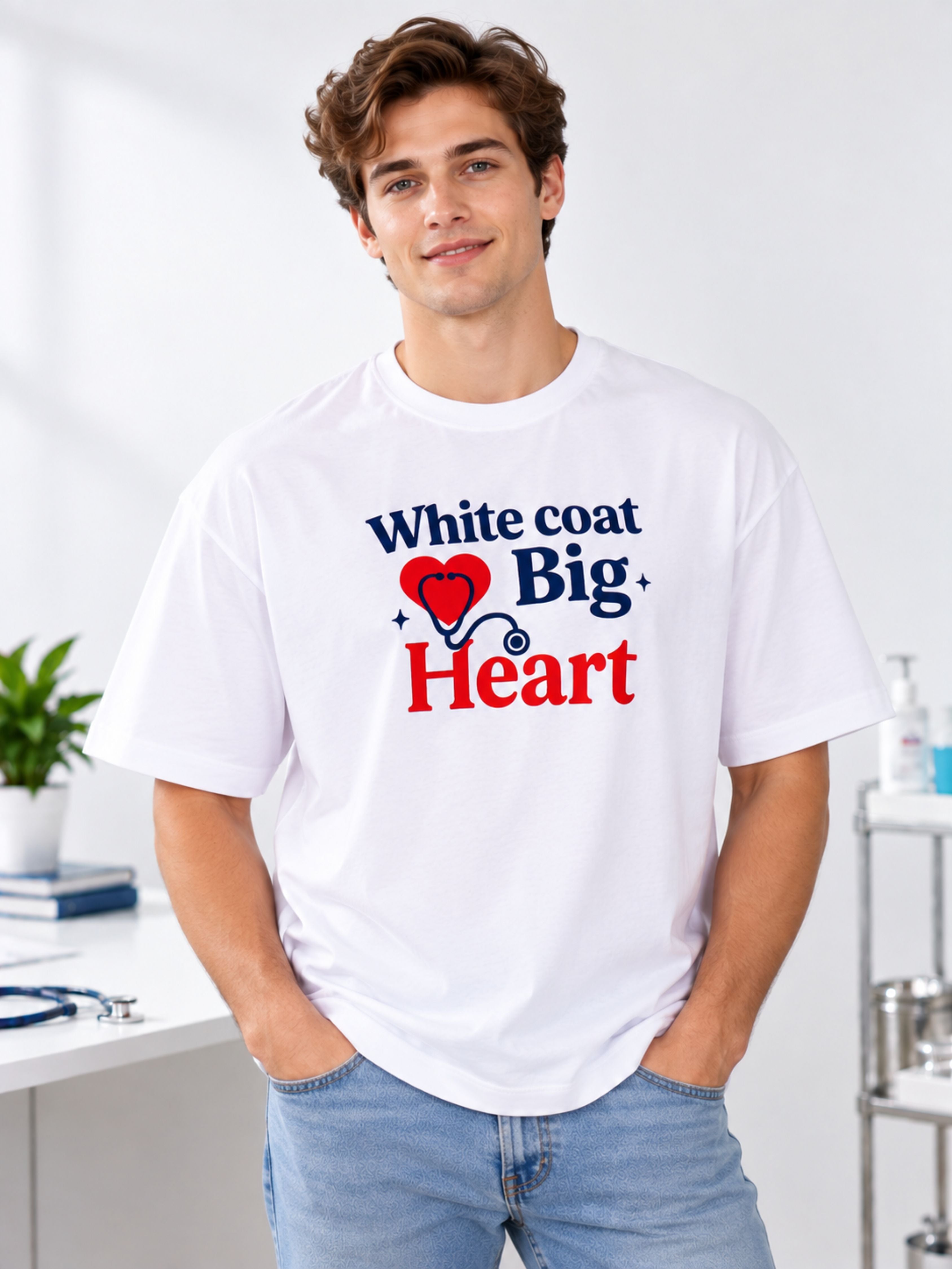 Doctor | White Coat. Big Heart | Oversized Printed T-shirt For Men