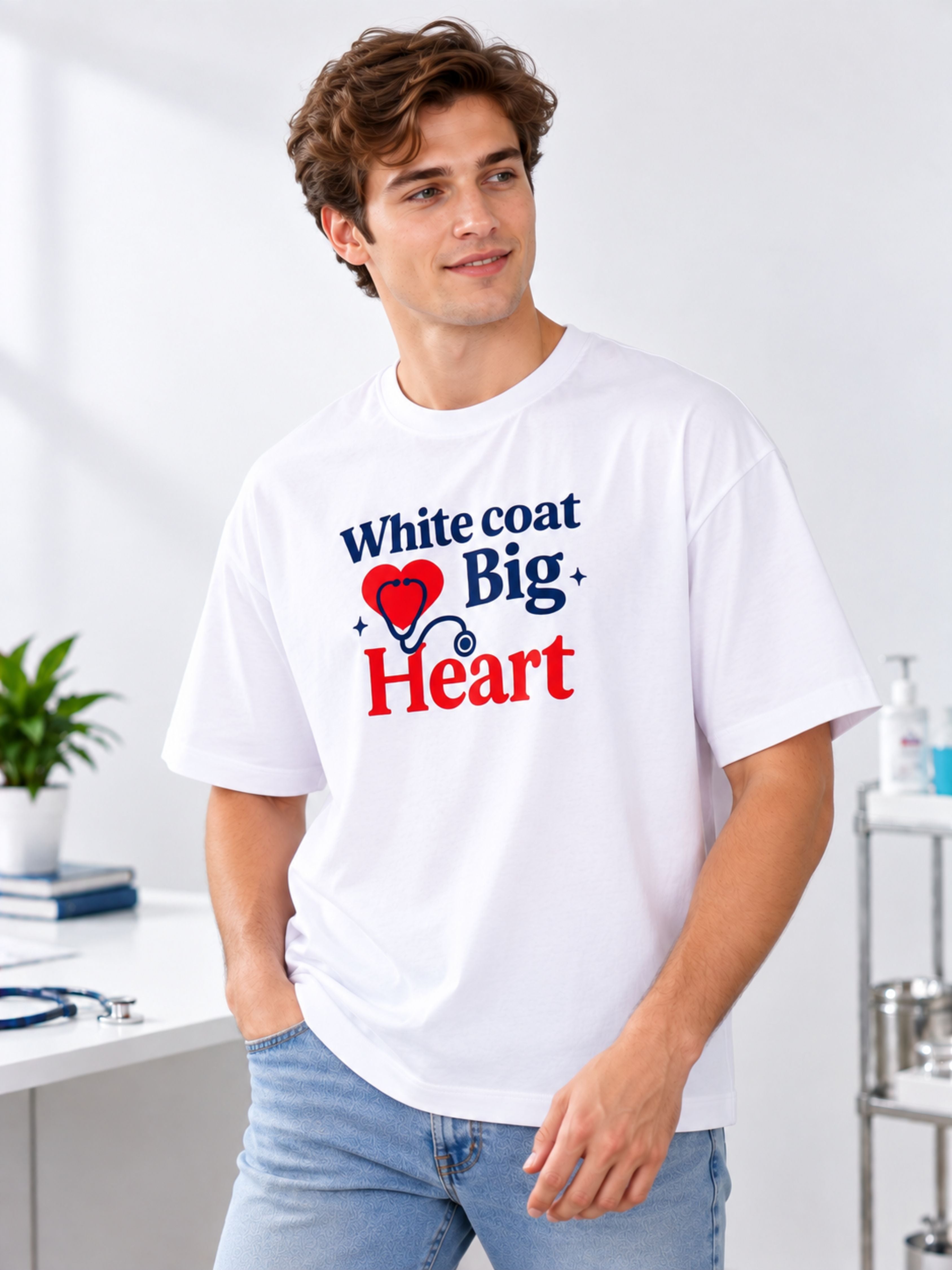 Doctor | White Coat. Big Heart | Oversized Printed T-shirt For Men