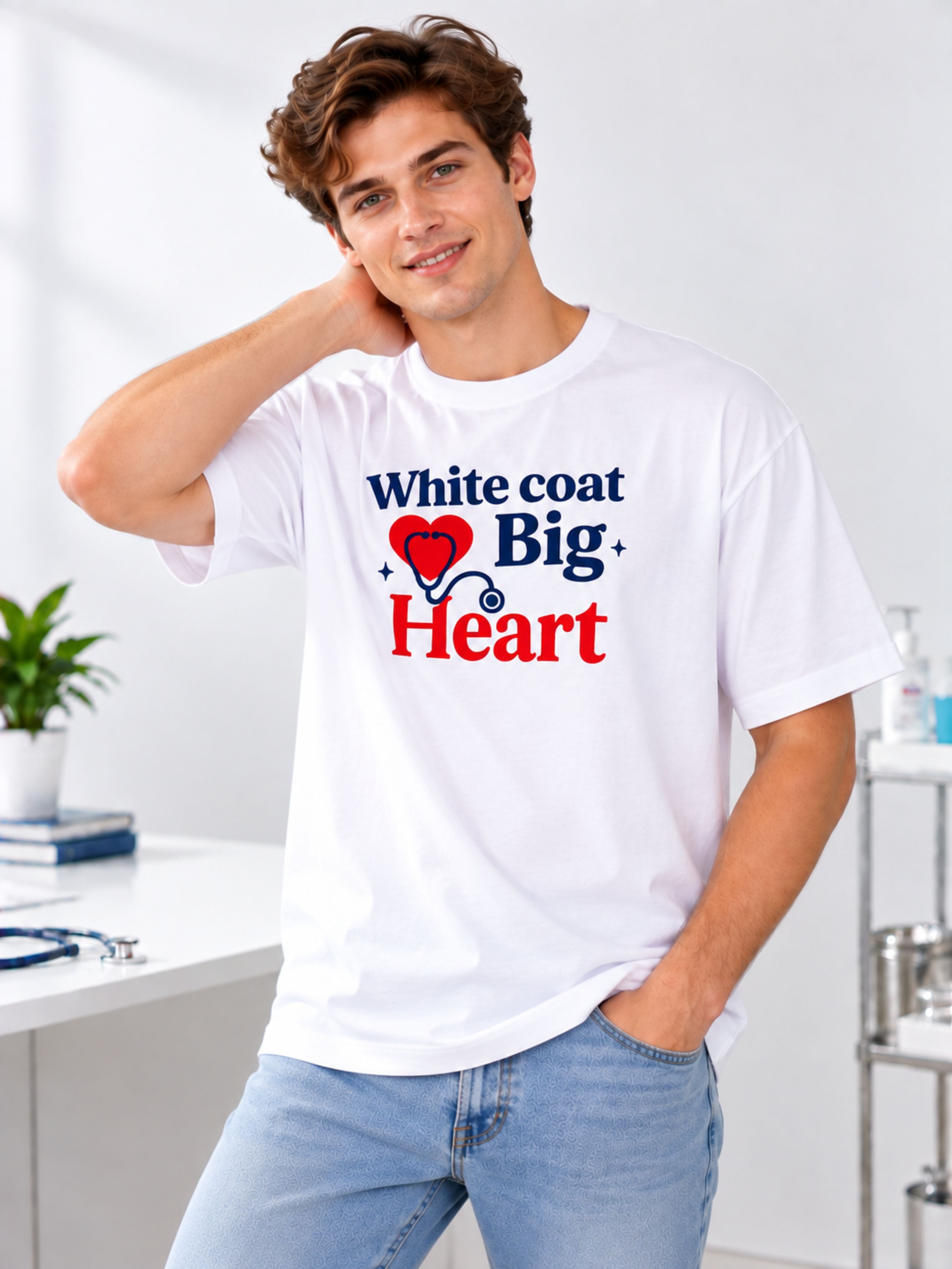 Doctor | White Coat. Big Heart | Oversized Printed T-shirt For Men
