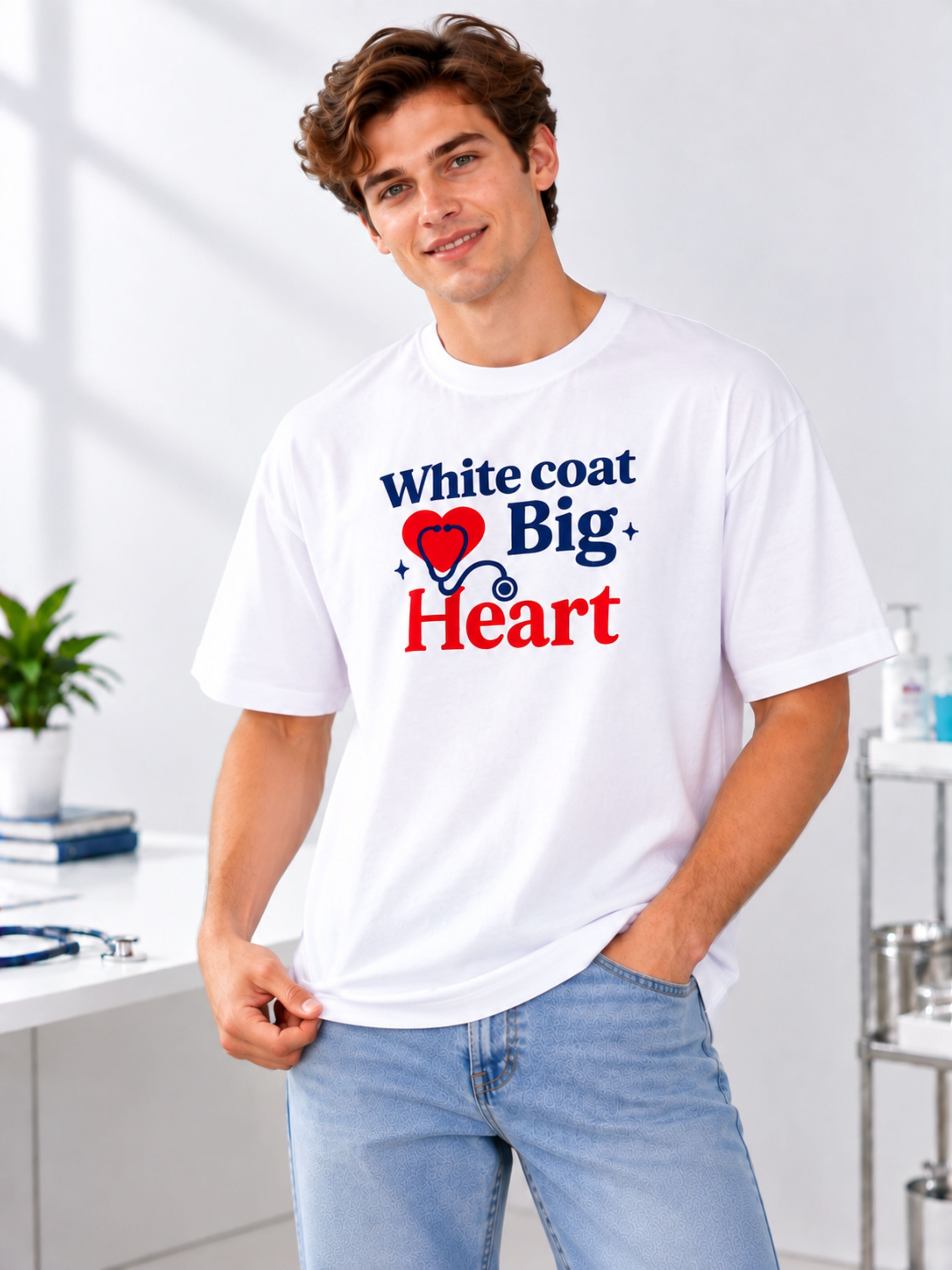 Doctor | White Coat. Big Heart | Oversized Printed T-shirt For Men