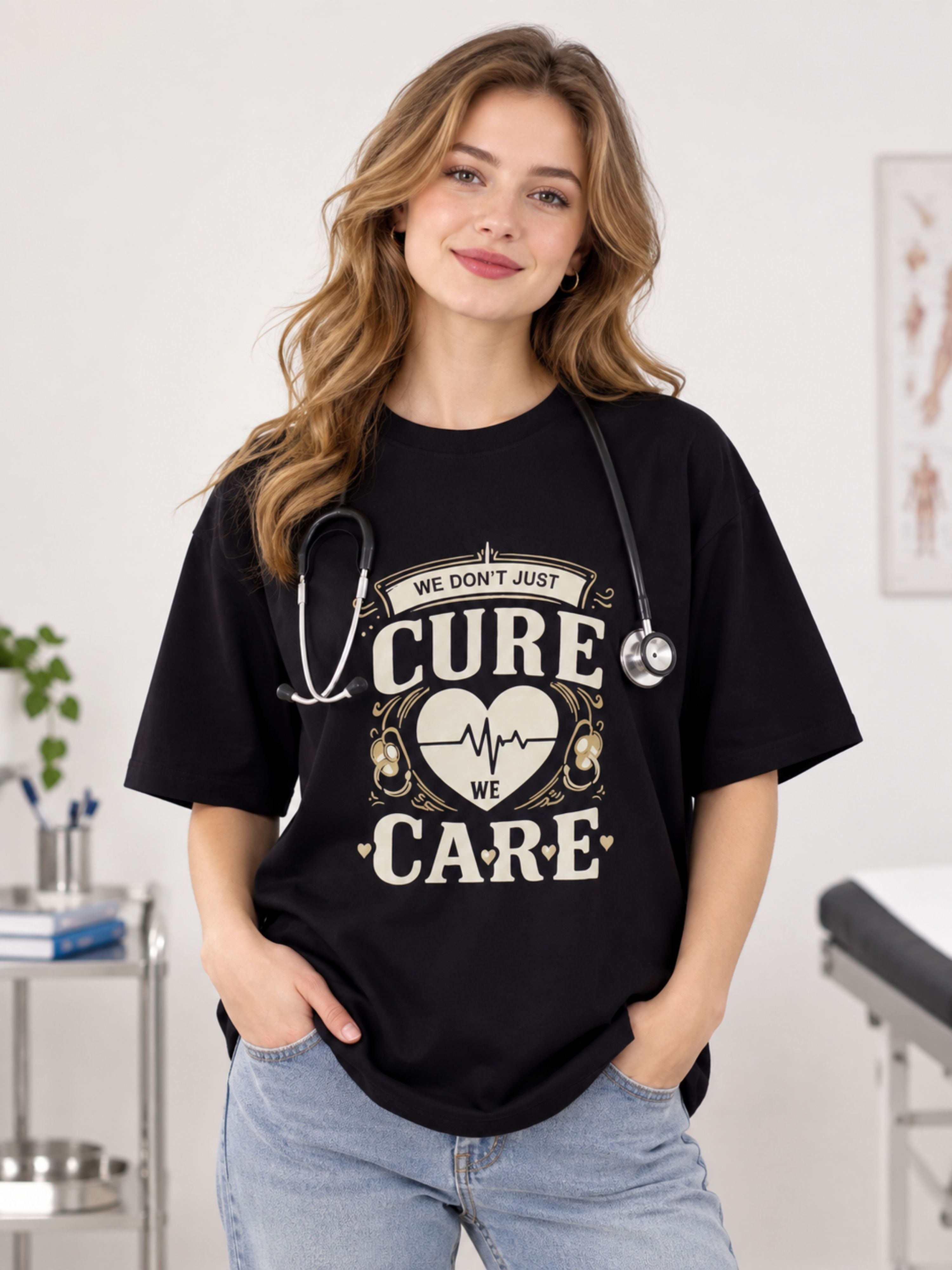 Doctor | We Don't Just Cure. We Care | Oversized Quote Tshirt For Women