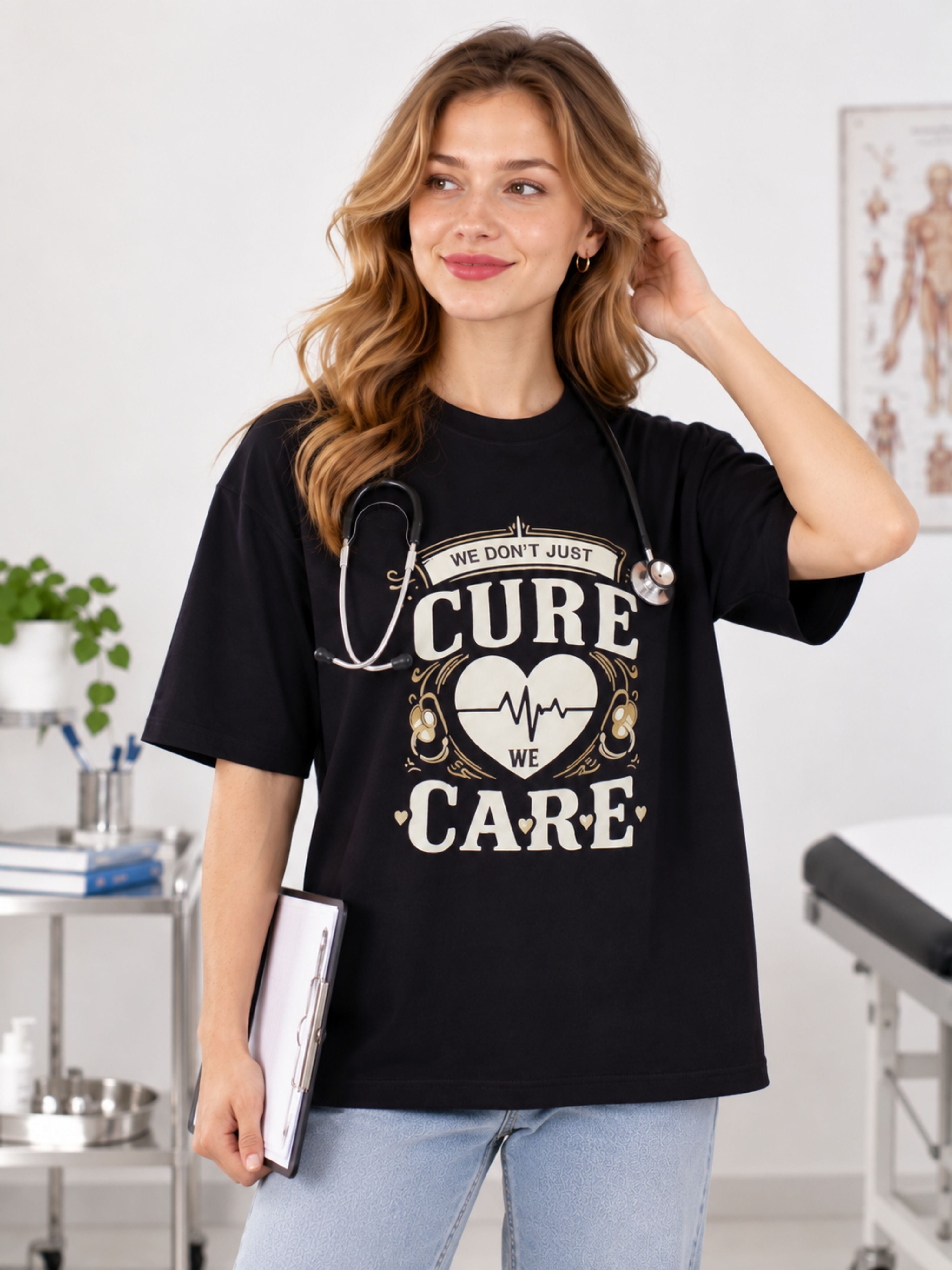 Doctor | We Don't Just Cure. We Care | Oversized Quote Tshirt For Women