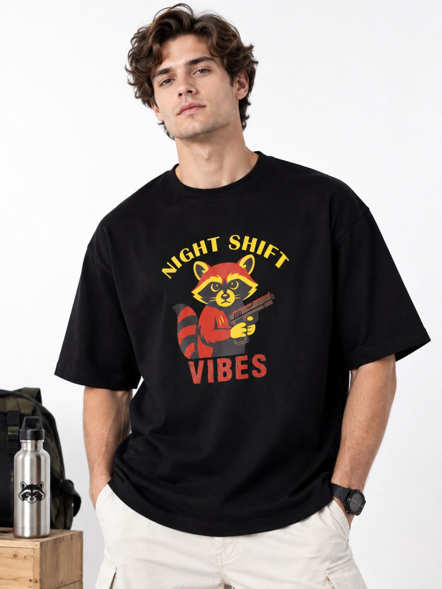 Night Shift Vibes | Raccoon Animal Archetype Oversized T-Shirt For Men