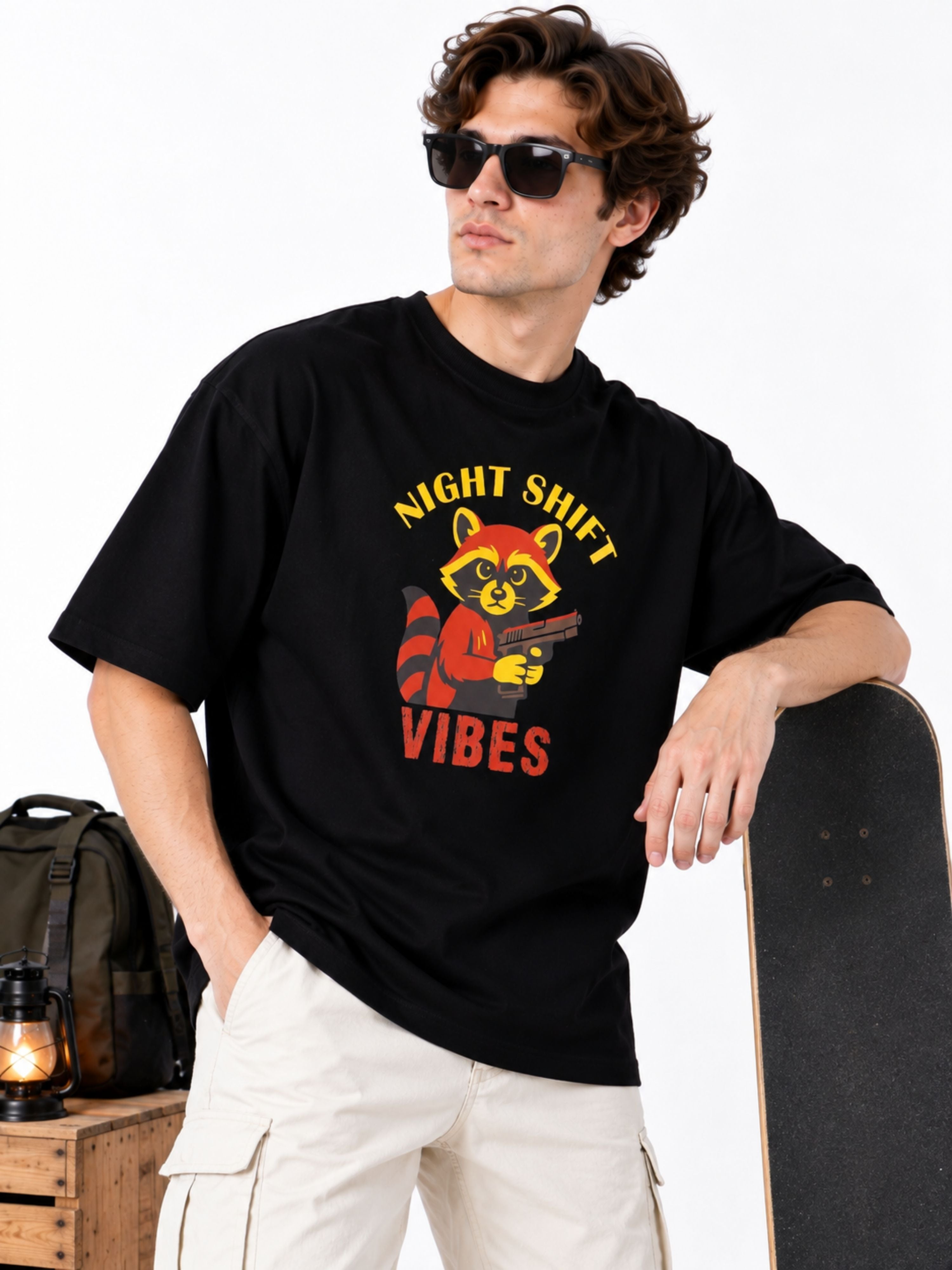 Night Shift Vibes | Raccoon Animal Archetype Oversized T-Shirt For Men