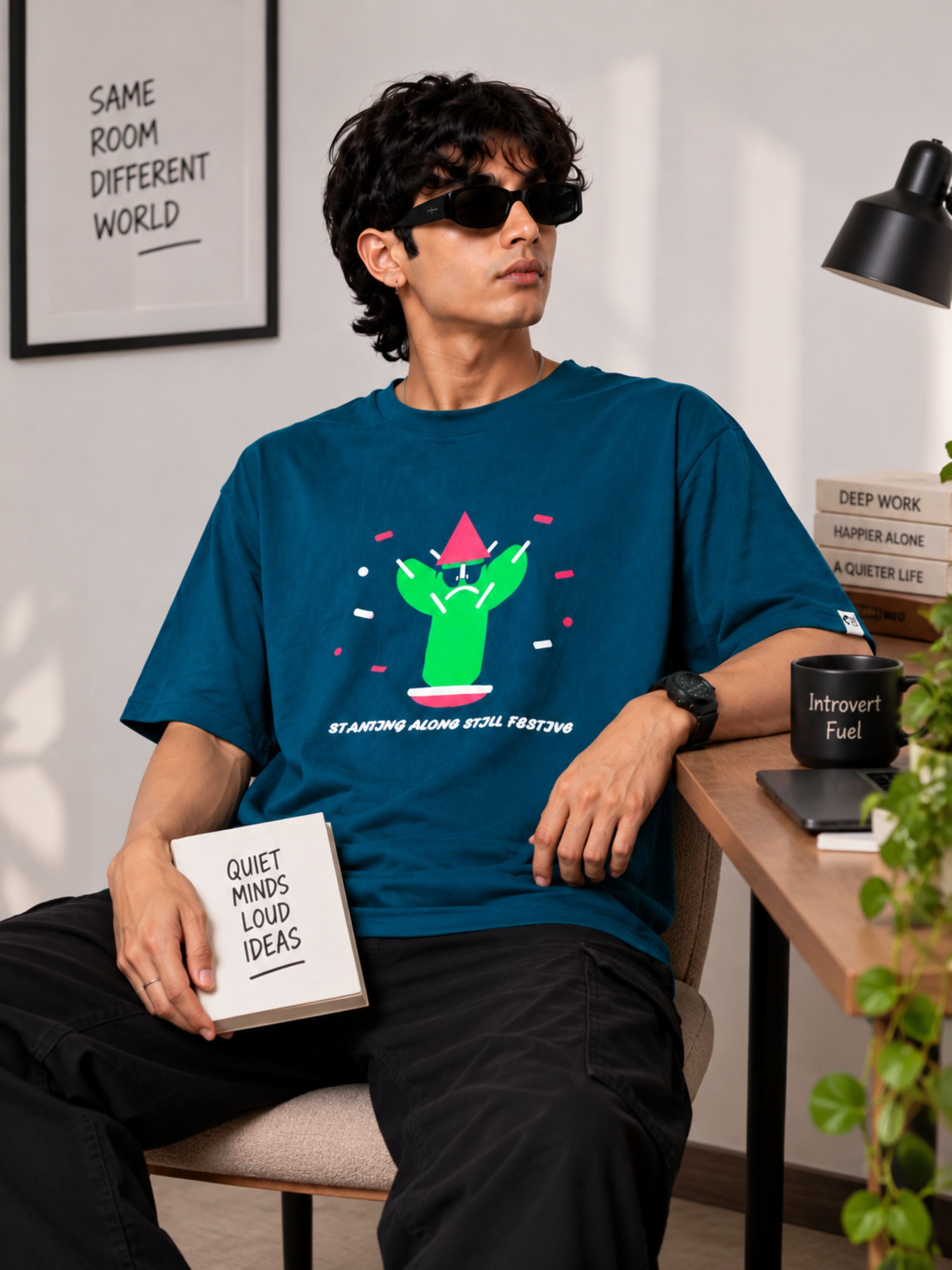 Introverts | Standing Alone Still Festive Oversized T-Shirt for Men | Trendy Color Teal