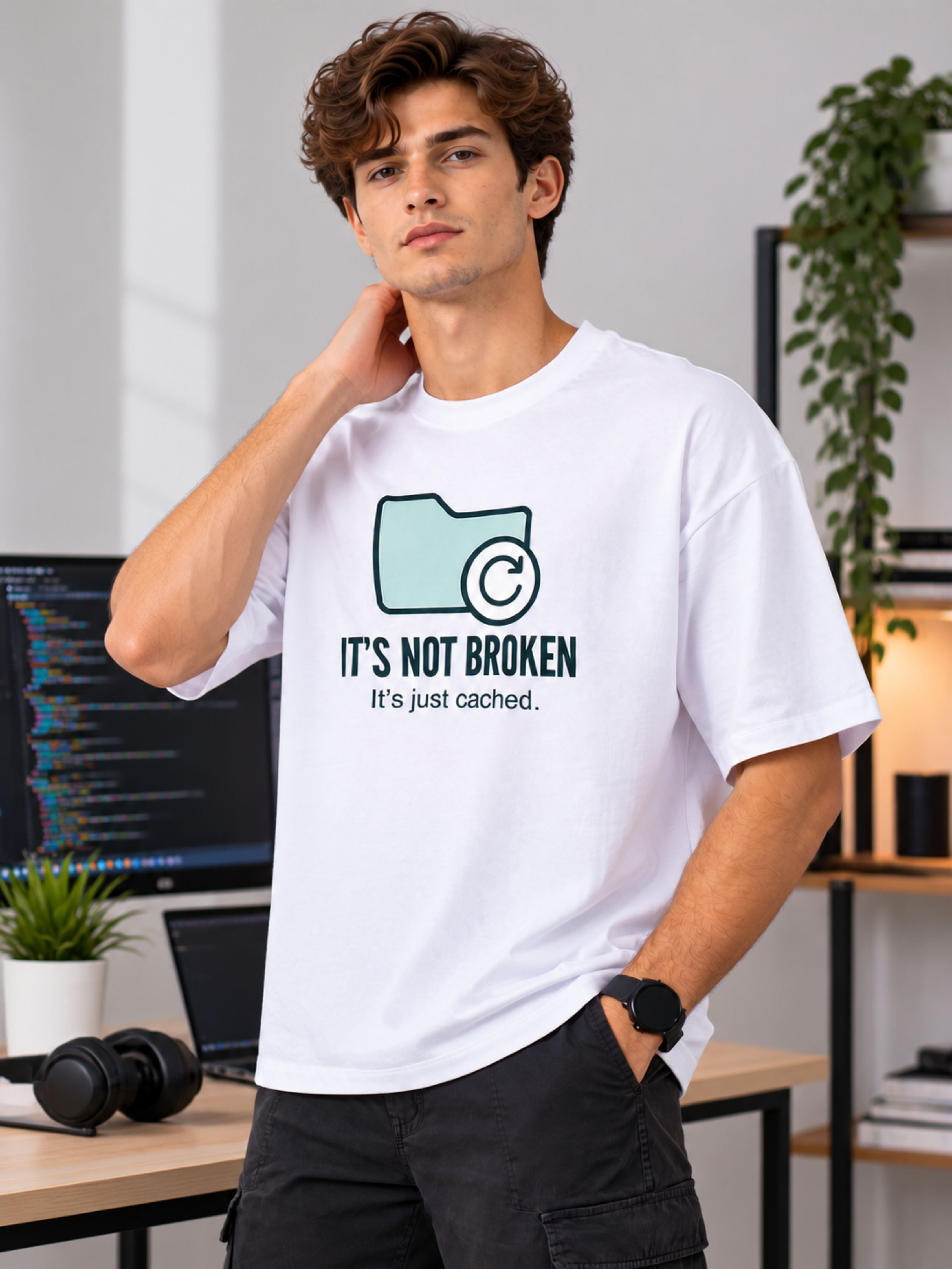 Software Engineer | It's Not Broken. It's Just Cached | Oversized Printed T-Shirt For Men
