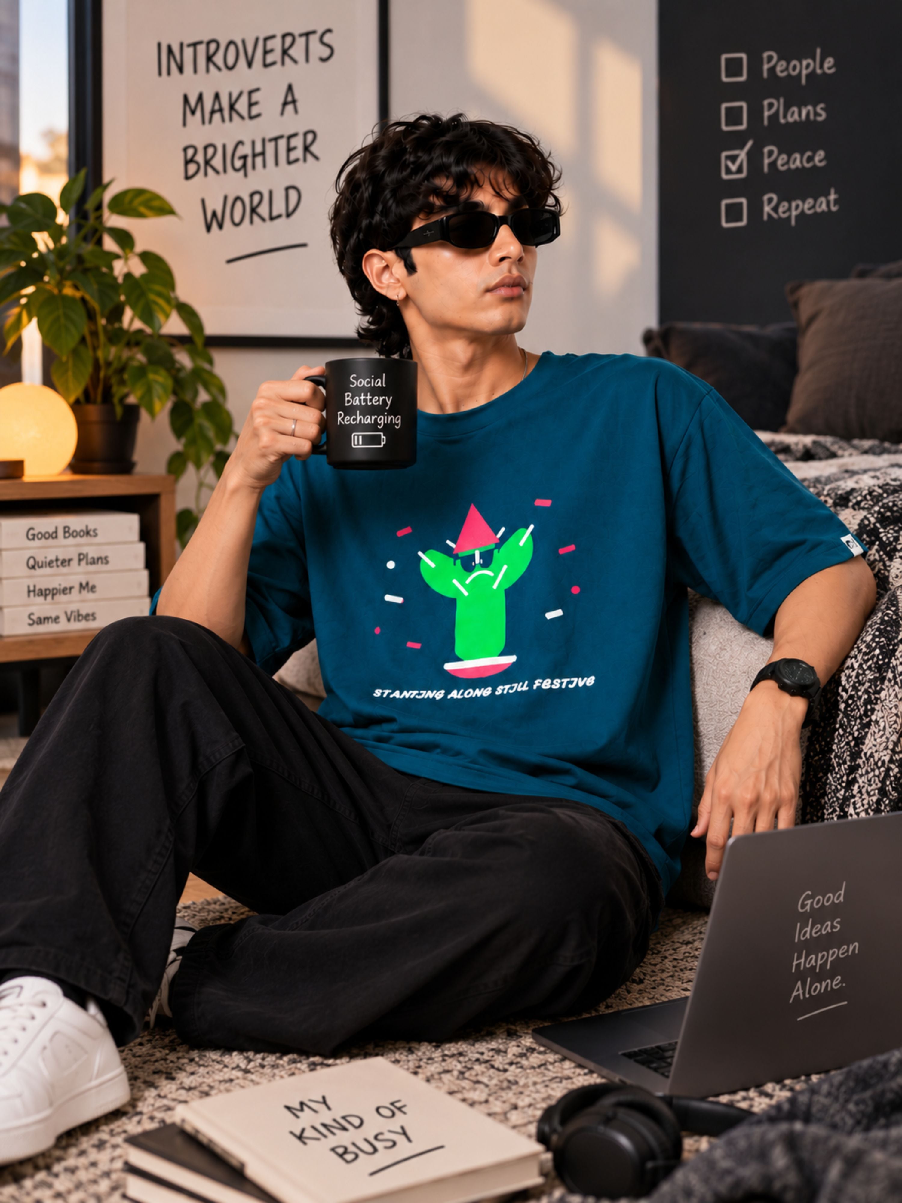 Introverts | Standing Alone Still Festive Oversized T-Shirt for Men | Trendy Color Teal