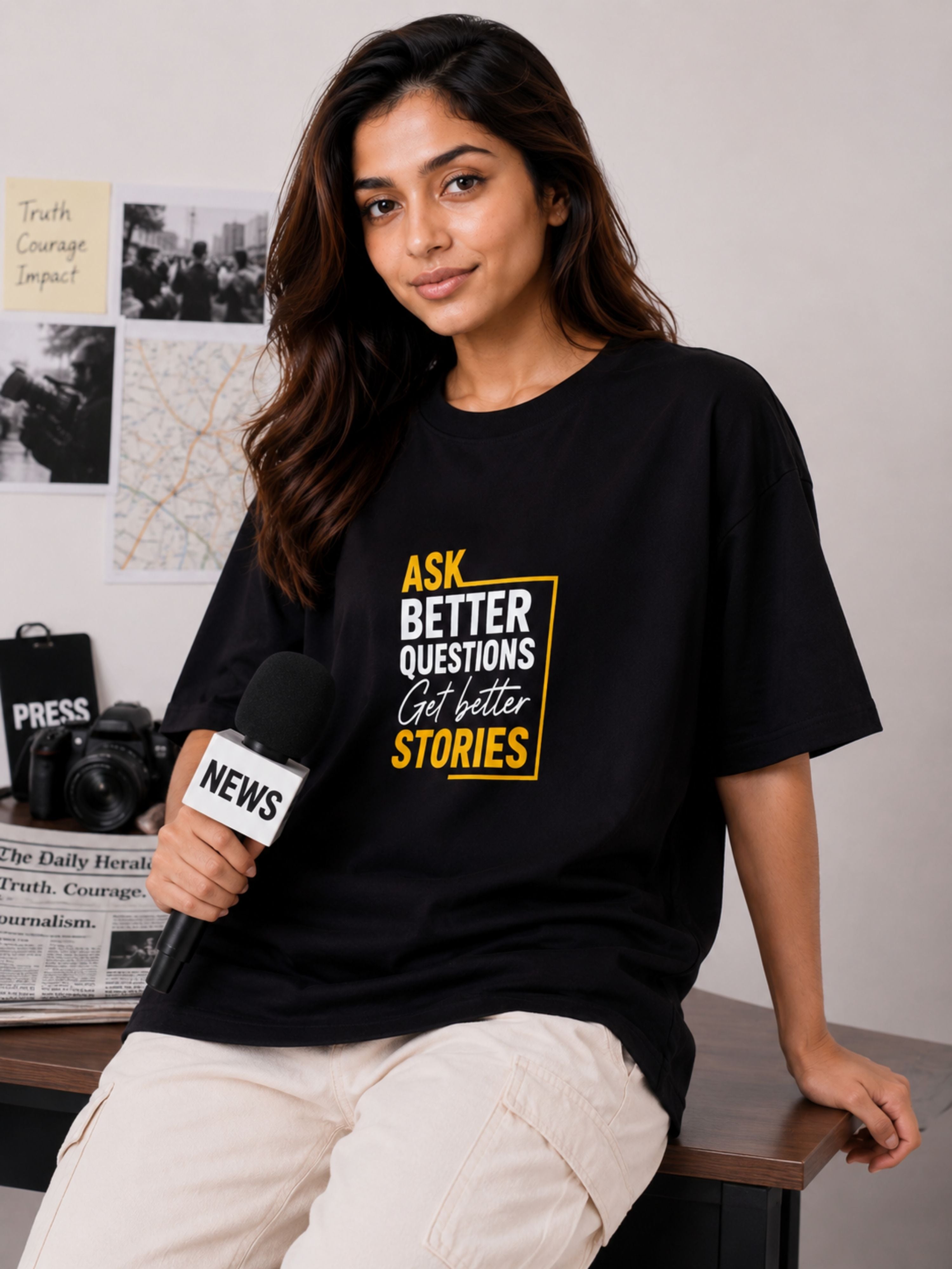 Journalists | Ask Better Questions. Get Better Stories | Oversized Quote T-shirt For Women