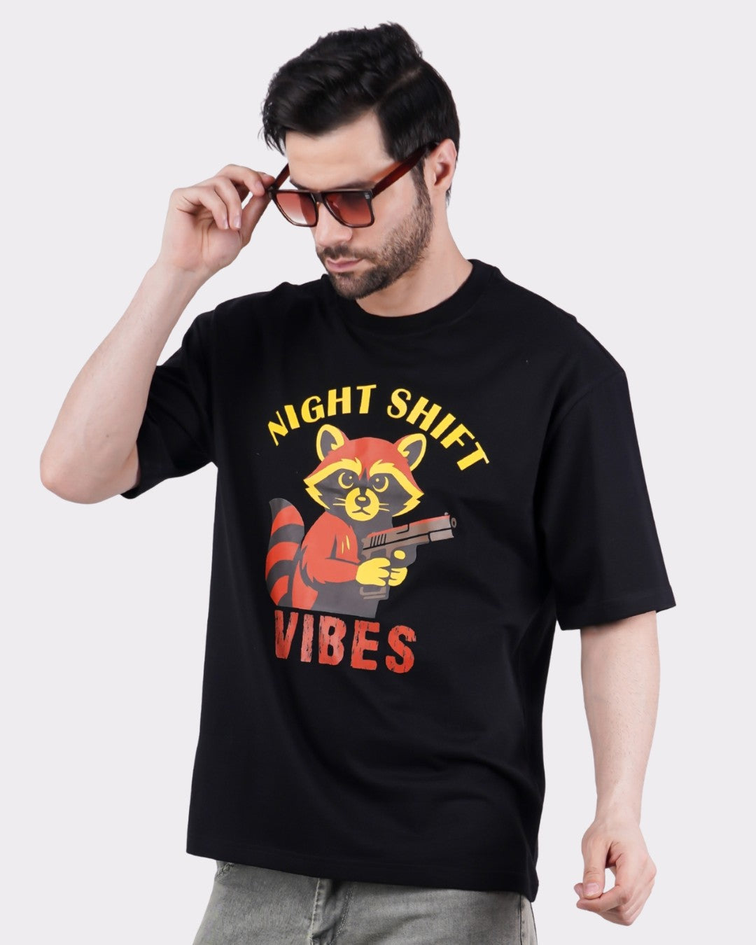 Night Shift Vibes | Raccoon Animal Archetype Oversized T-Shirt