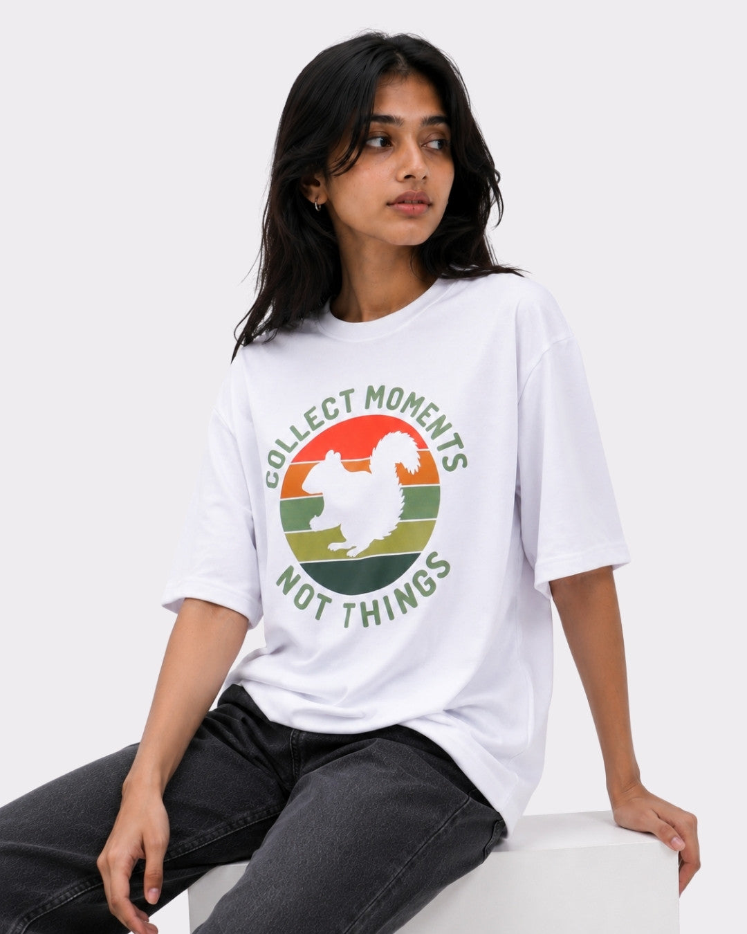Collect Moments Not Things | Squirrel Animal Archetype Oversized T-Shirt For Women