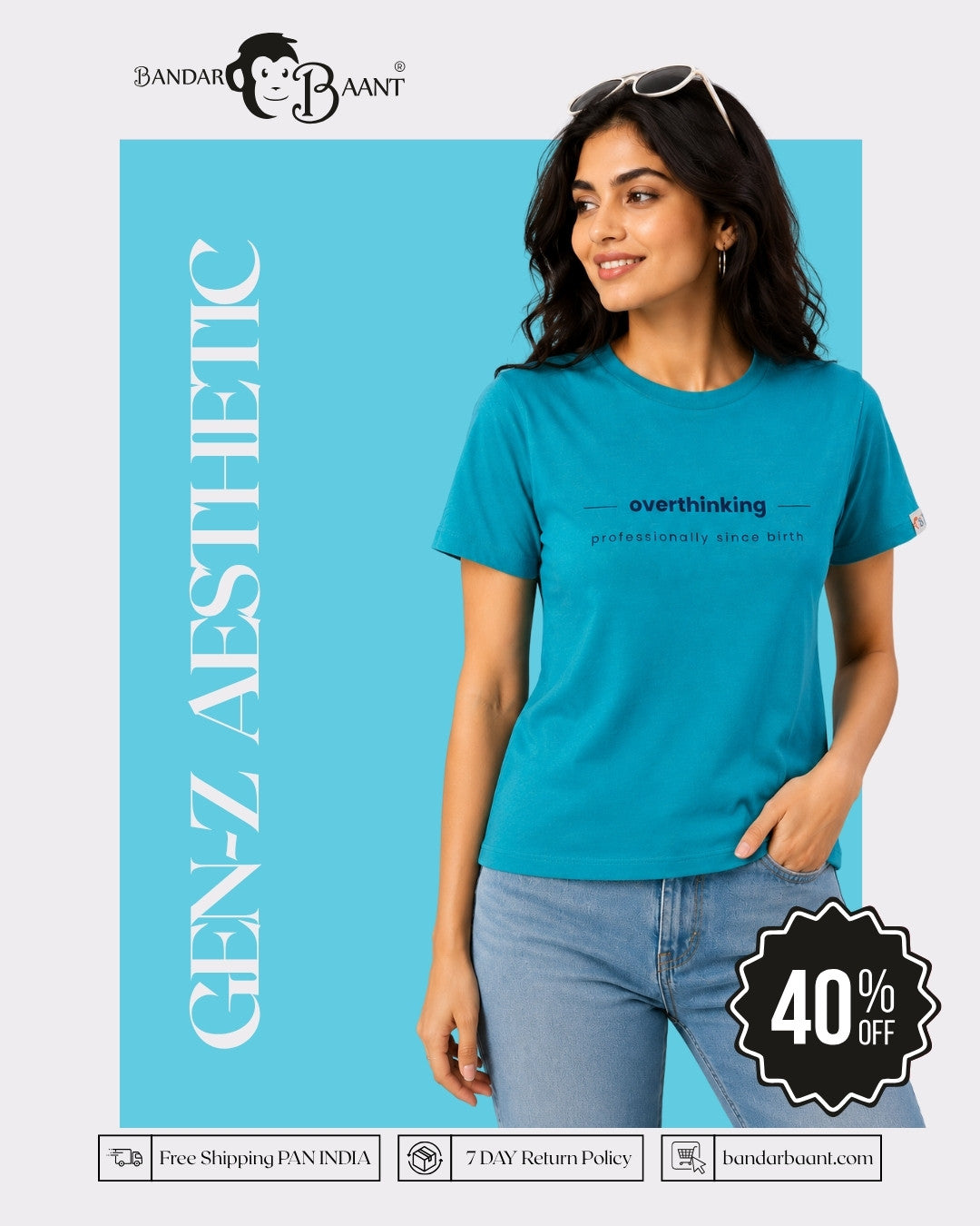 Turquoise Melange Cotton T-Shirt for Women | Regular Fit Vibe Tee