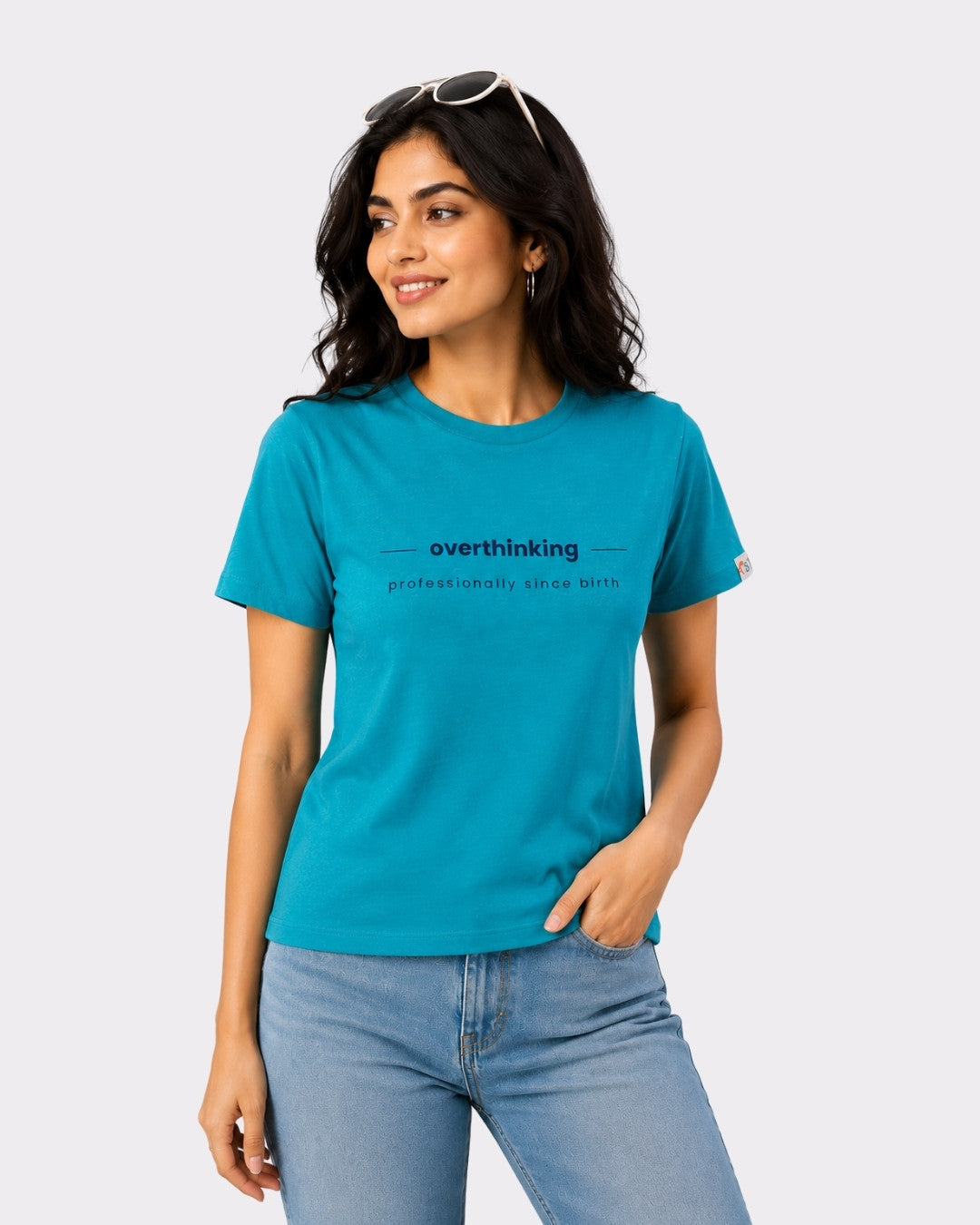 Turquoise Melange Cotton T-Shirt for Women | Regular Fit Vibe Tee