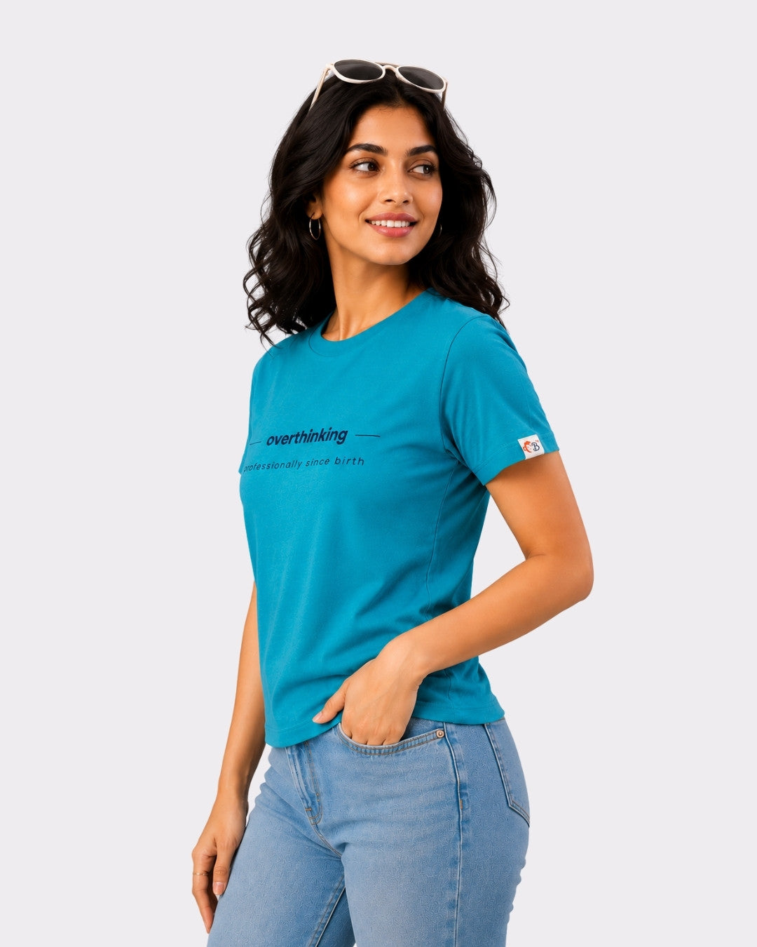 Turquoise Melange Cotton T-Shirt for Women | Regular Fit Vibe Tee