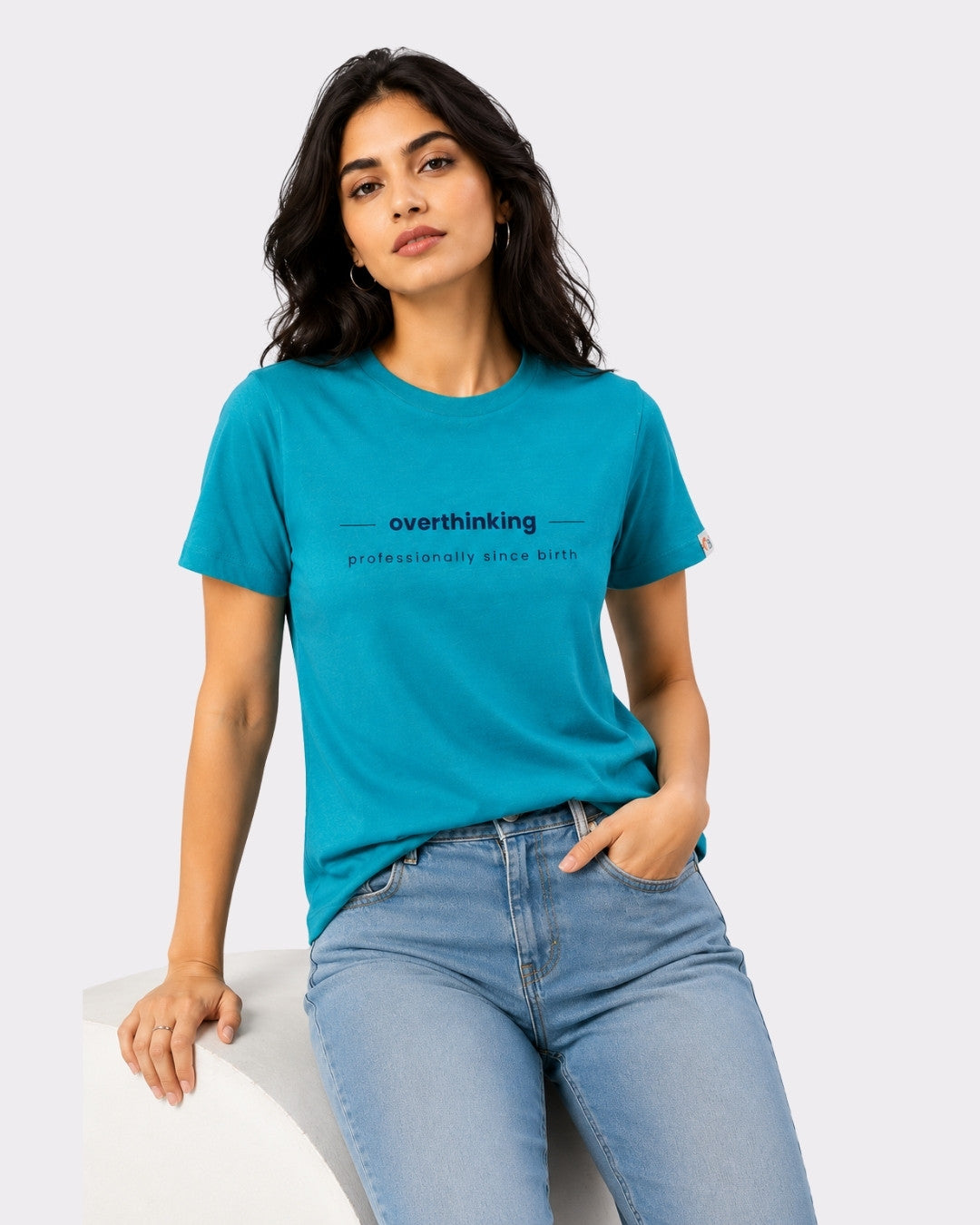 Turquoise Melange Cotton T-Shirt for Women | Regular Fit Vibe Tee