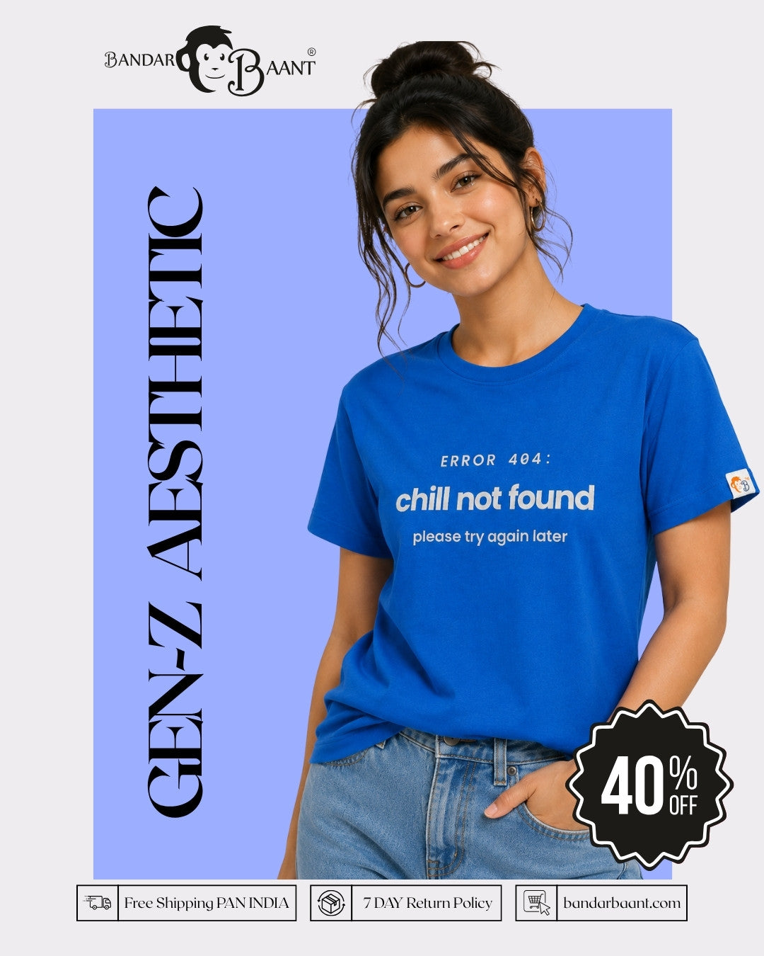 Royal Blue Cotton T-Shirt for Women | Chill Error Tee