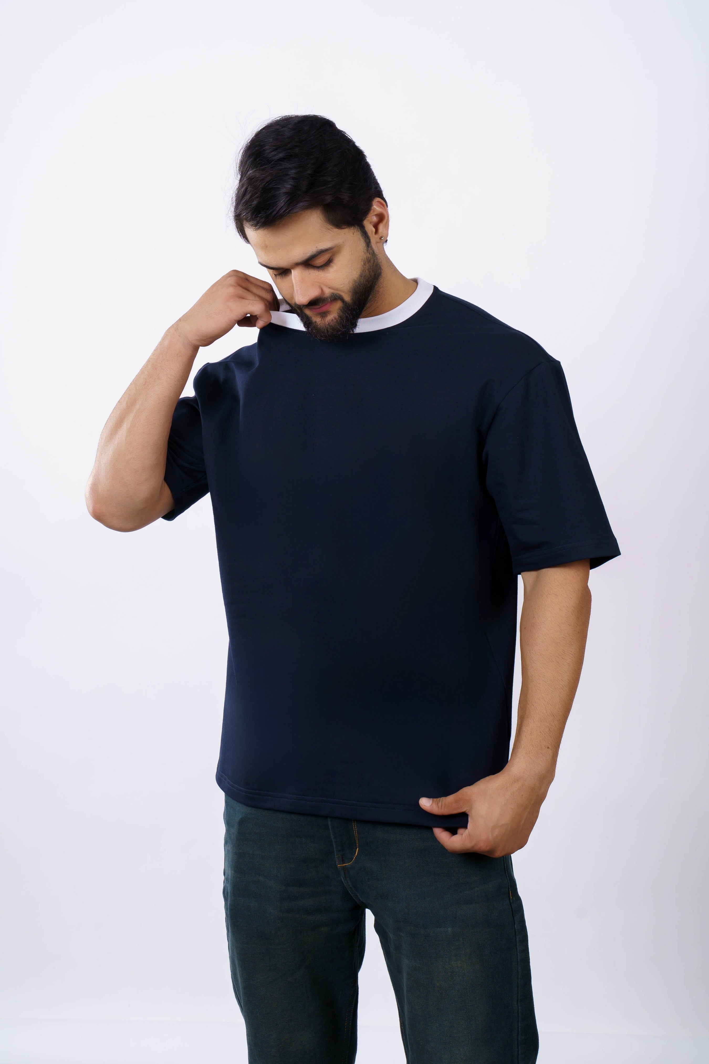 Oversized T-Shirt for Men | 240 GSM Cotton Terry Lycra | Navy Blue