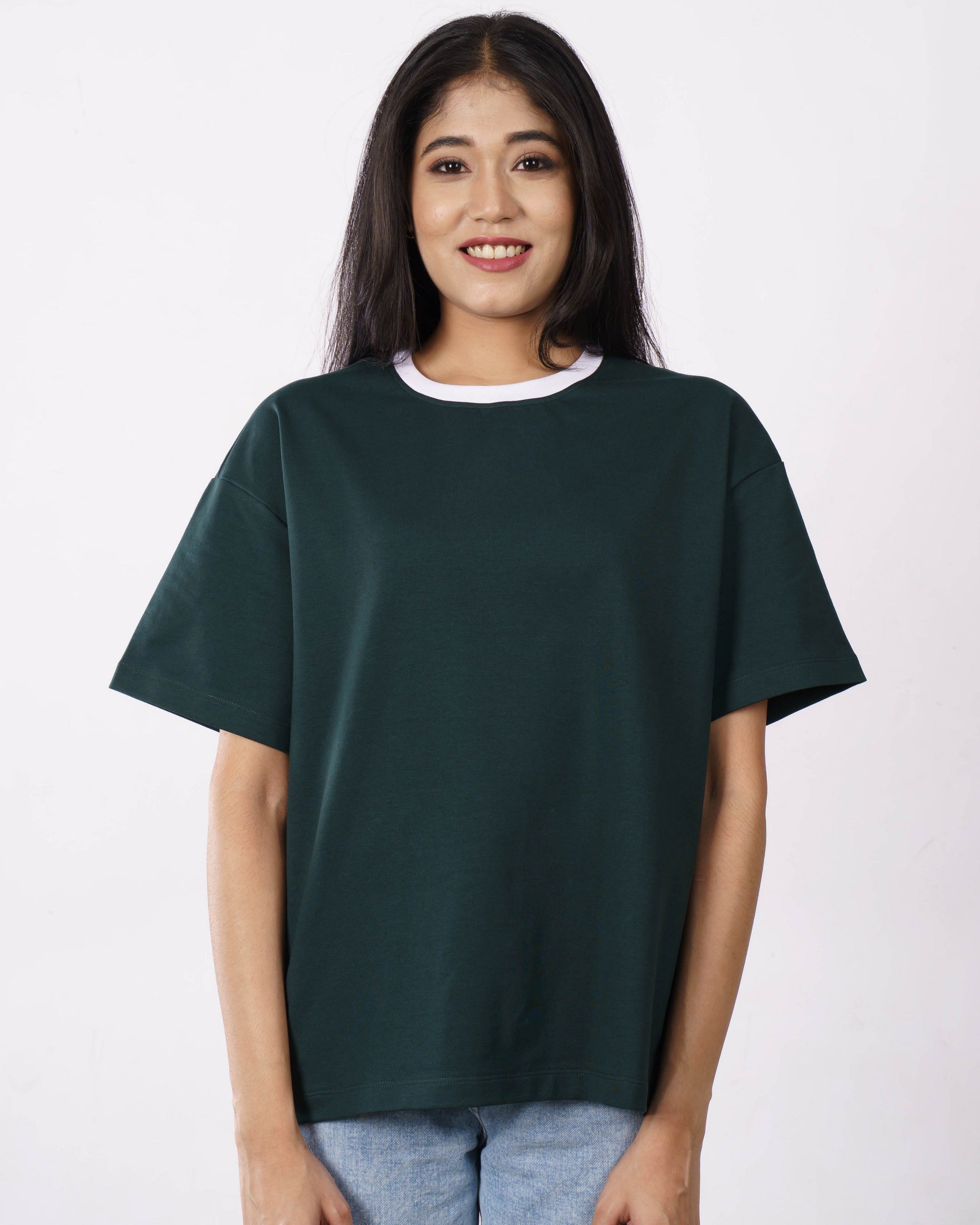 Premium Cotton Terry Lycra Oversized T-Shirt for Women | Bottle Green | 240 GSM | Ribbed Crew Neck